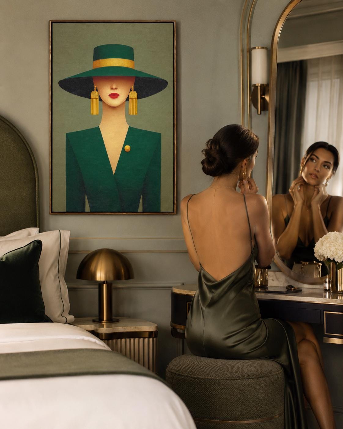 A stylised portrait of an elegant woman in a wide-brim hat, shown against a muted green background with gold accents and Art Deco-inspired shapes