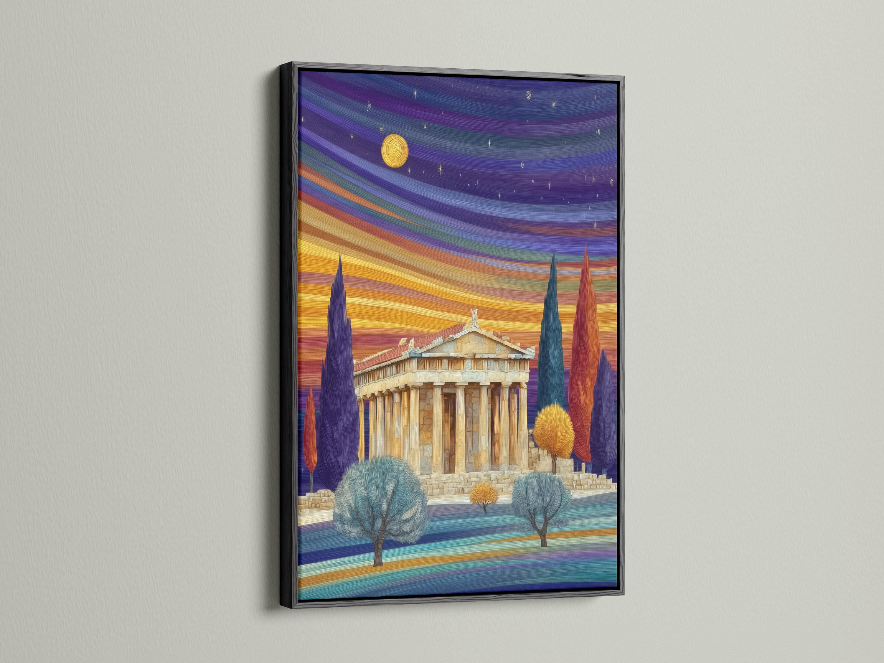 Stylised ancient temple scene with purple and gold sunset sky, stars, and cypress-like trees detail view