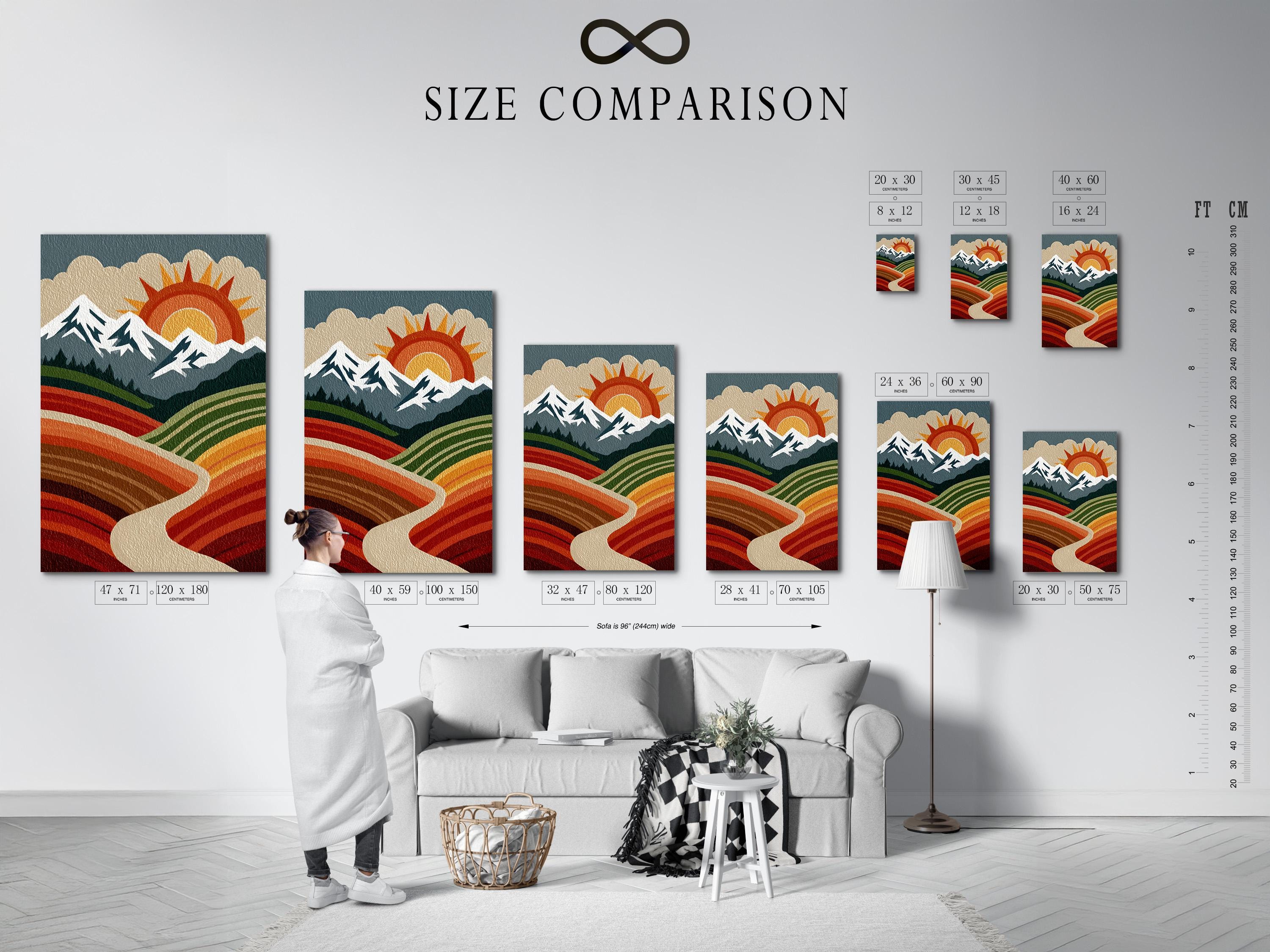 A stylised mountain landscape sits beneath a large retro sun, with layered fields of striped colour and jagged ridge lines detail view