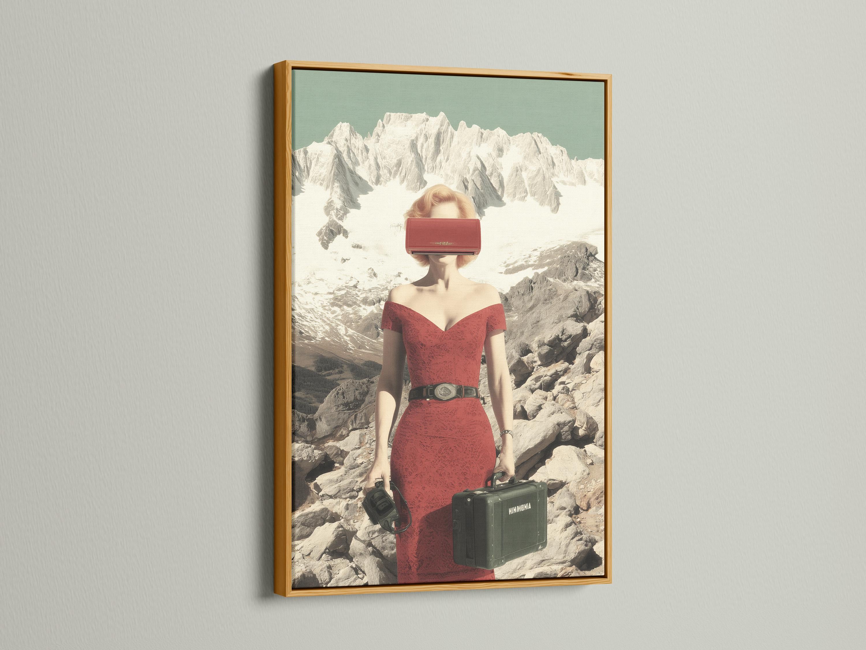 Surreal woman in a red dress standing in a snowy mountain landscape with luggage detail view