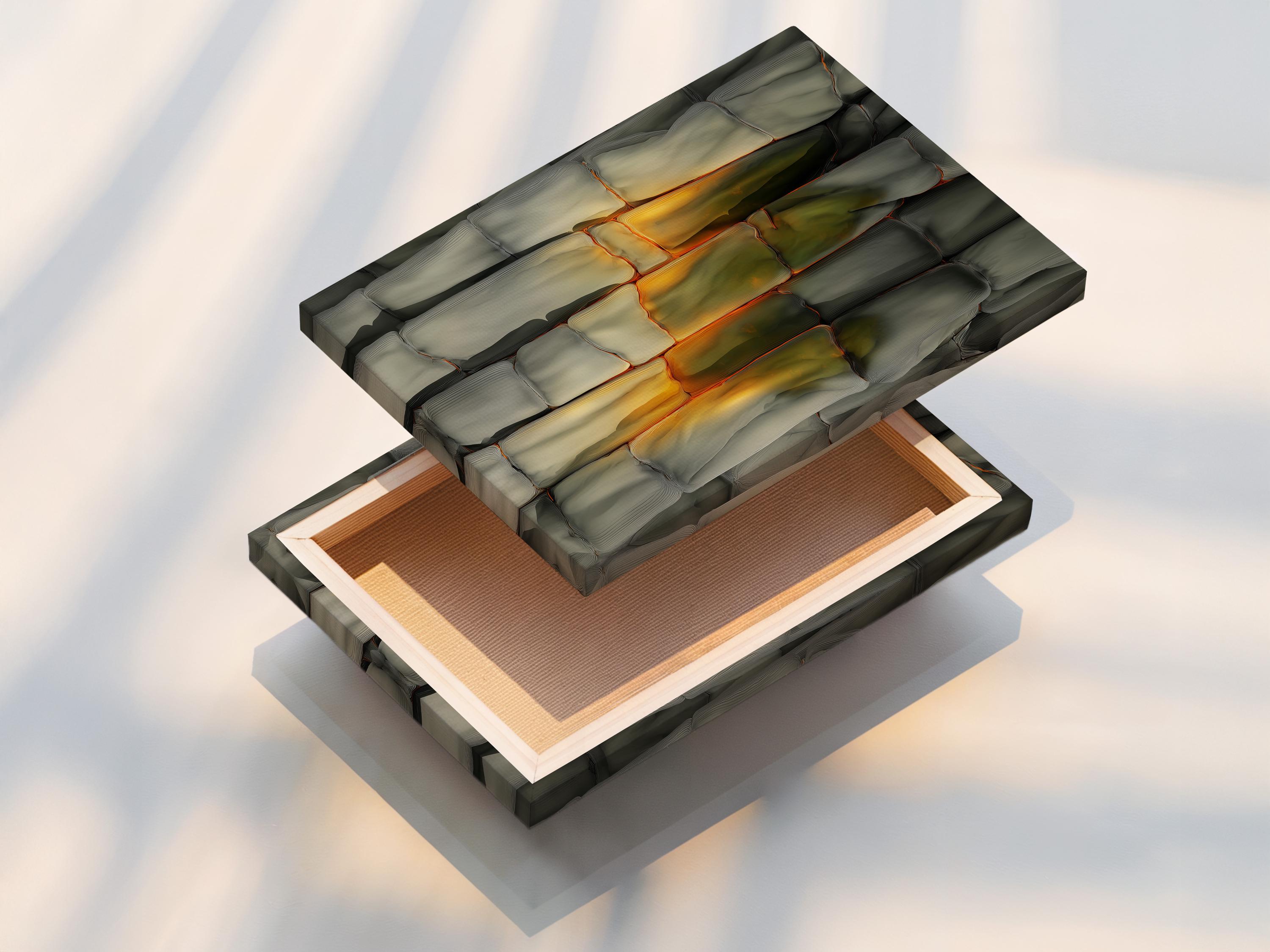 Abstract stone-texture artwork with cool grey blocks and warm beige-gold highlights in a rectangular frame detail view