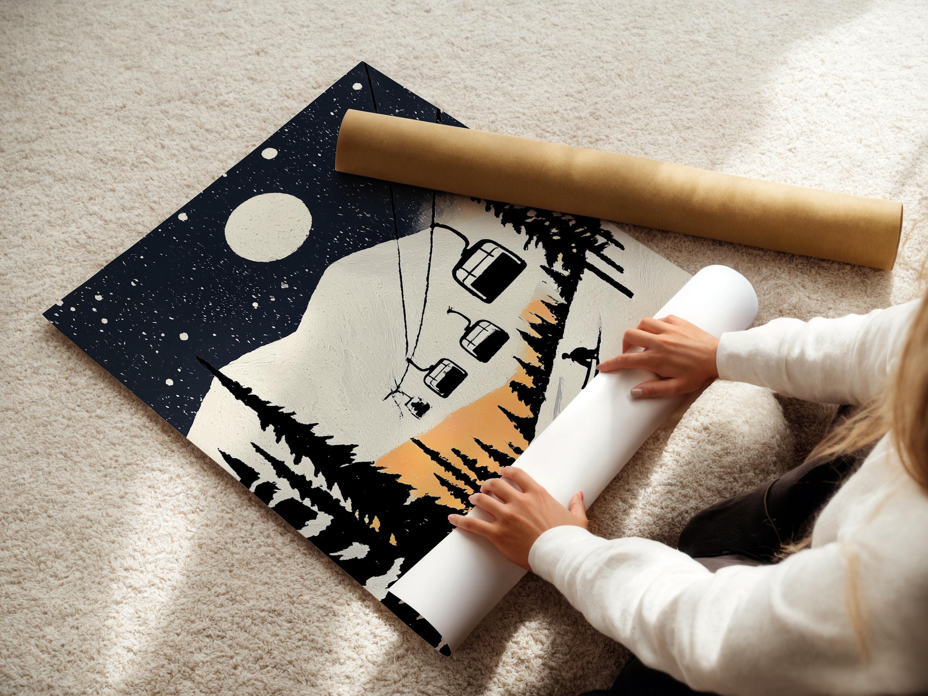 Moonlit snowy ski-lodge artwork mockup with dark pines, falling snow, chairlift cabins and a winding ski track