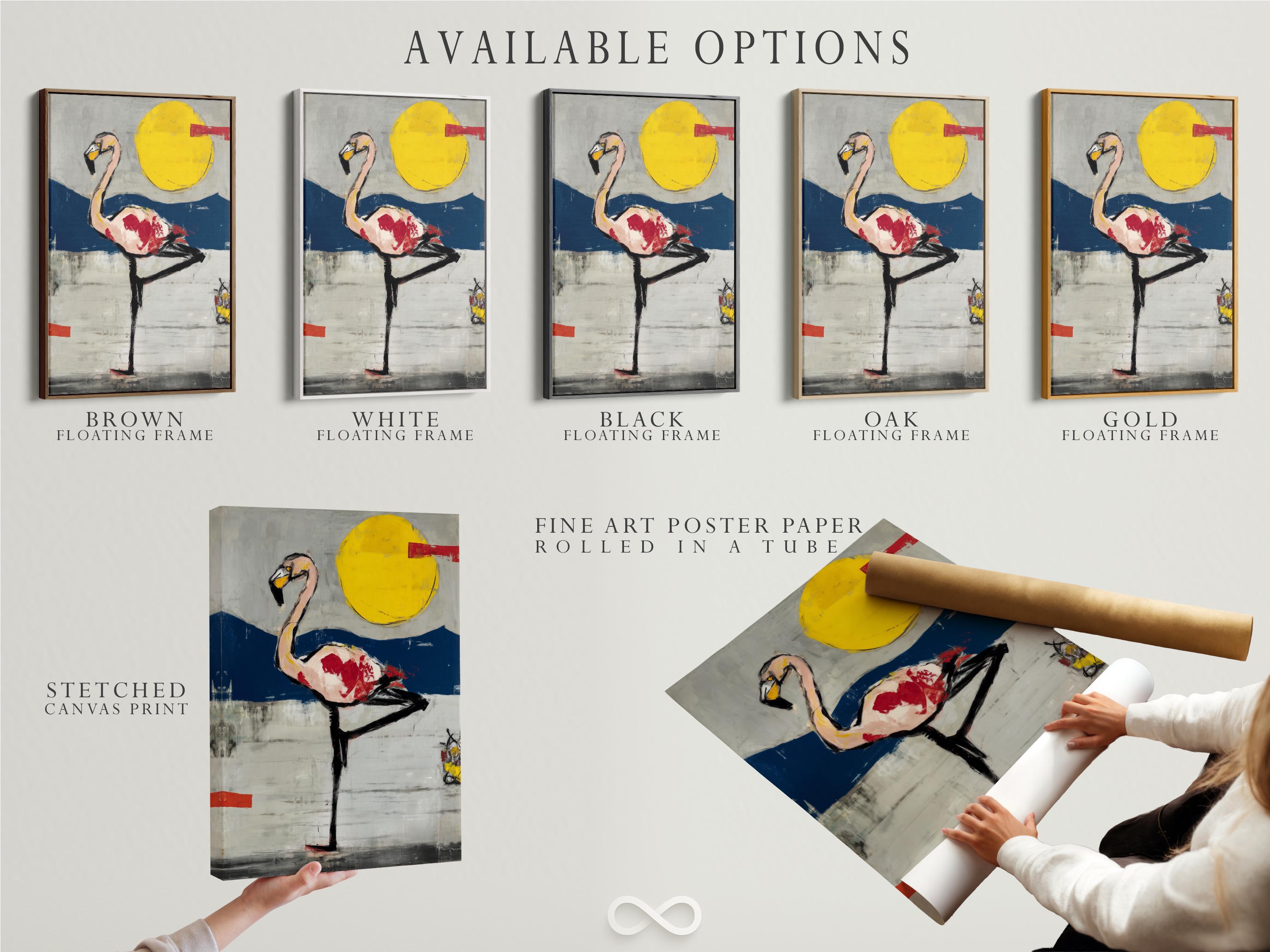 Room mockup showing a framed flamingo artwork with a yellow sun and navy blue horizon