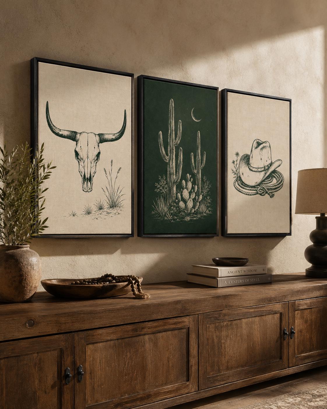 Western framed wall art set displayed above a wooden sideboard with a person standing nearby