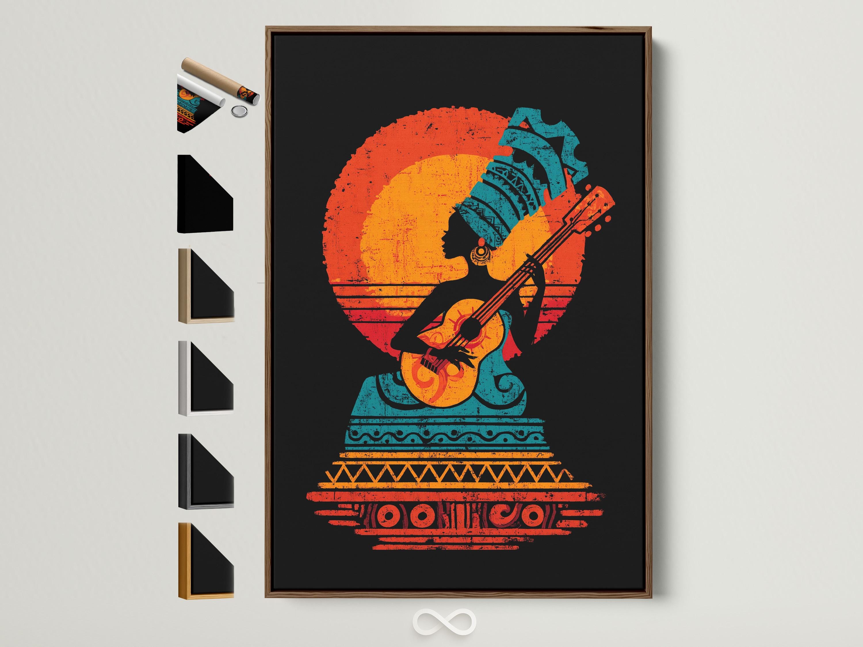 Stylised guitar player silhouette with orange-red sunburst and teal tribal pattern on a black background