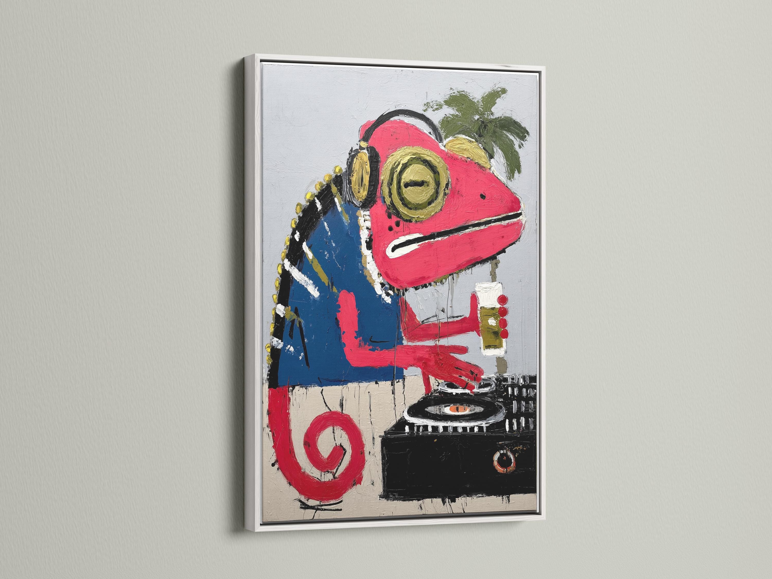 Stylised red iguana DJ illustration with oversized headphones, tropical leaves and a console detail view