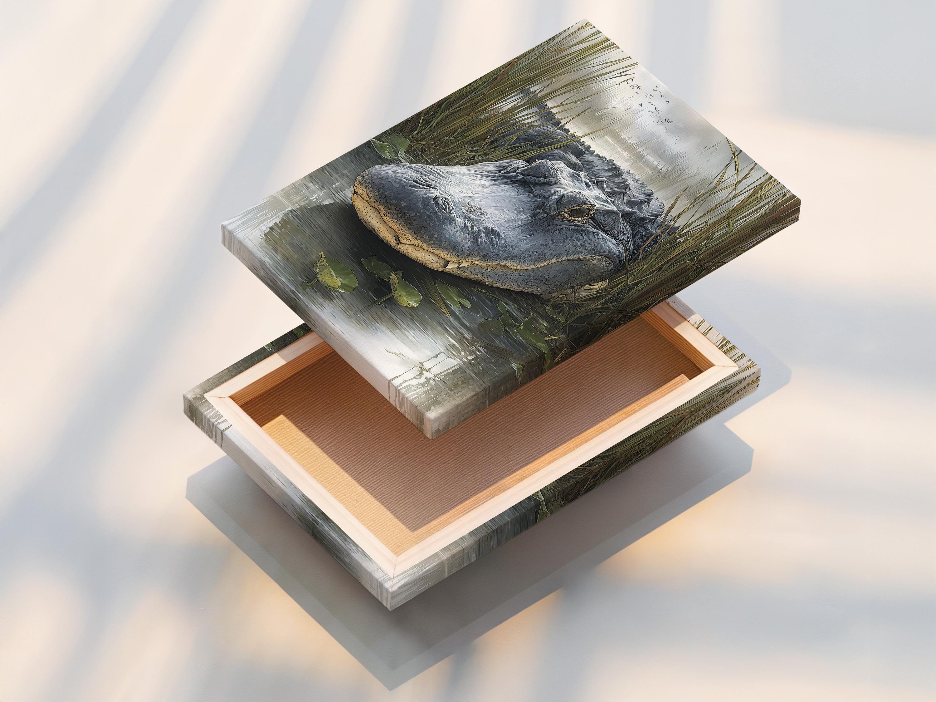 Grey alligator in a swamp scene with tall reeds, lily pads and water reflections detail view