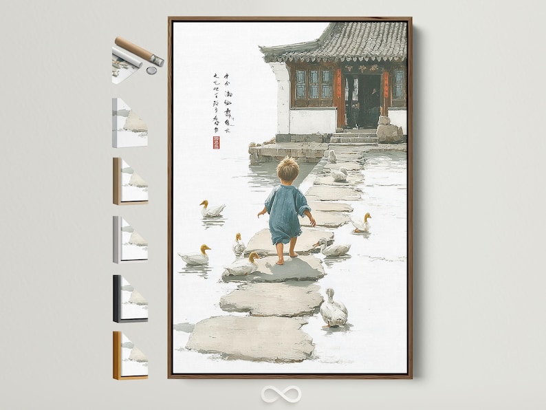 Neutral river scene of a child standing on stepping-stones with ducks in shallow water