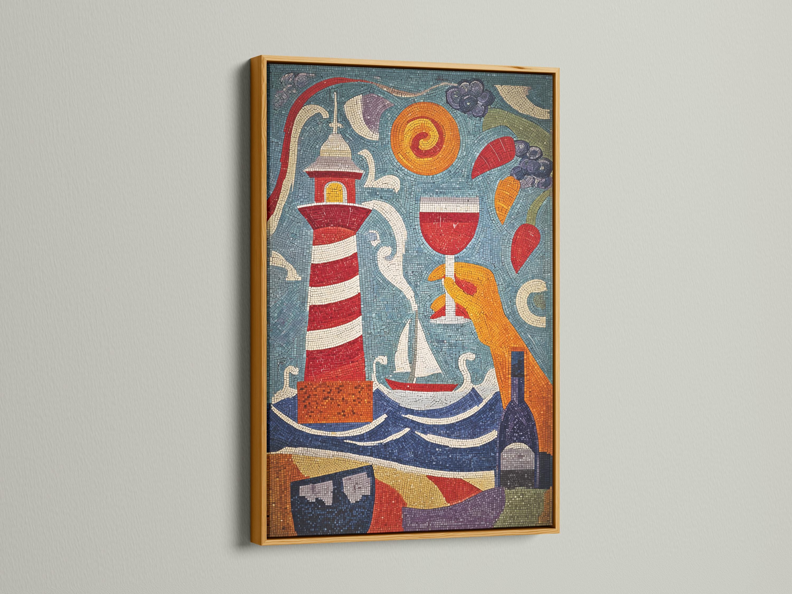 Mosaic lighthouse scene with curved waves in blue, red, white and gold tiles detail view