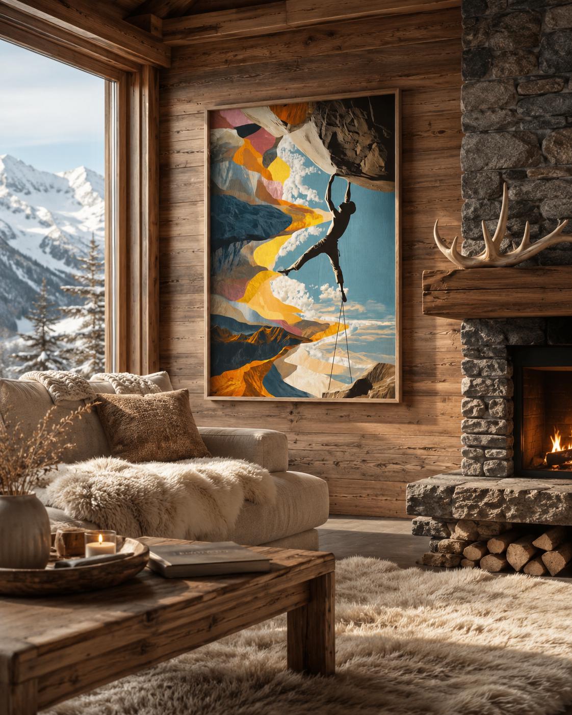 Man sitting near a bench and climbing gear beside a framed climbing artwork on a concrete wall