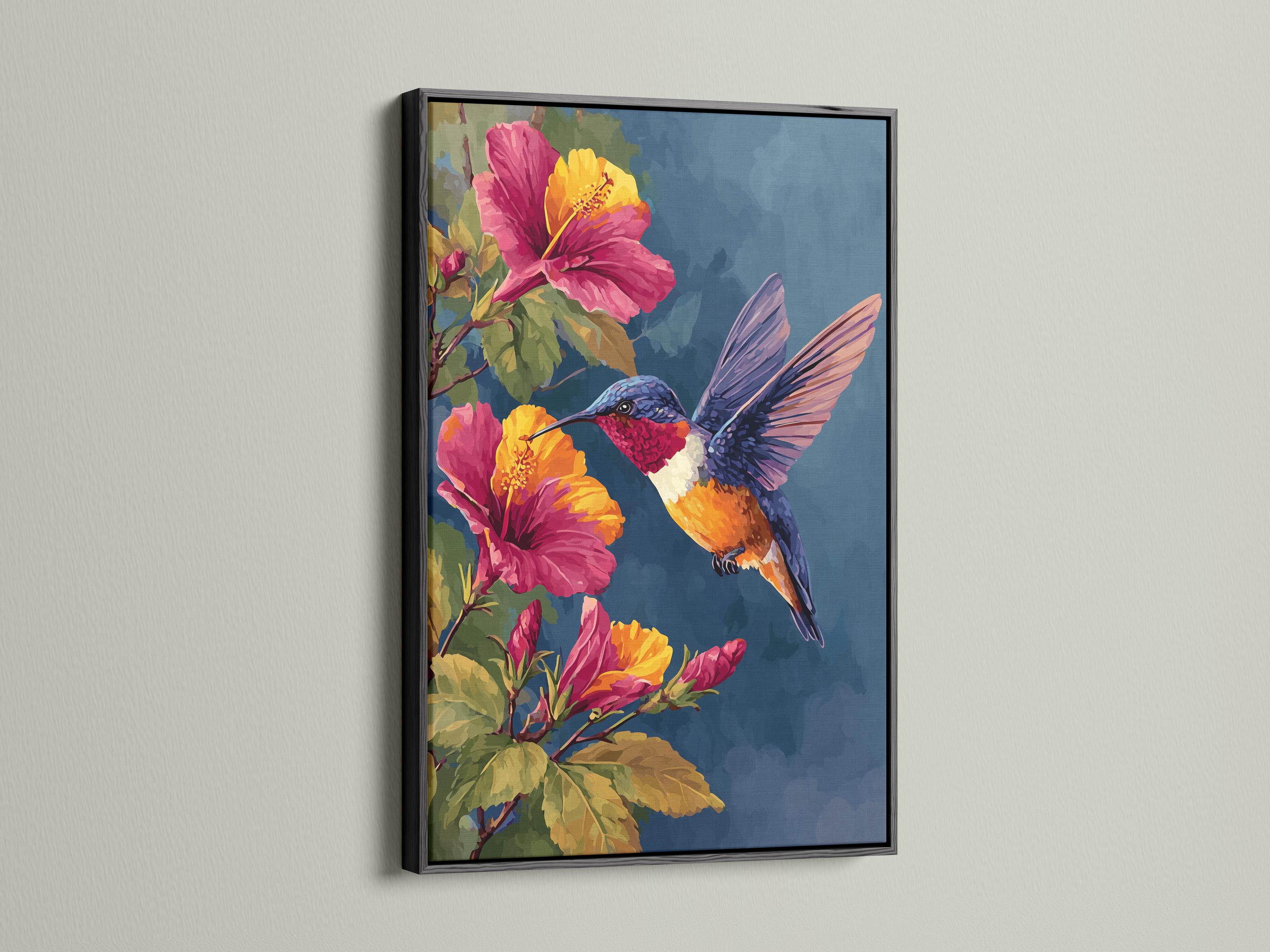 Room mockup showing a hummingbird and hibiscus floral artwork