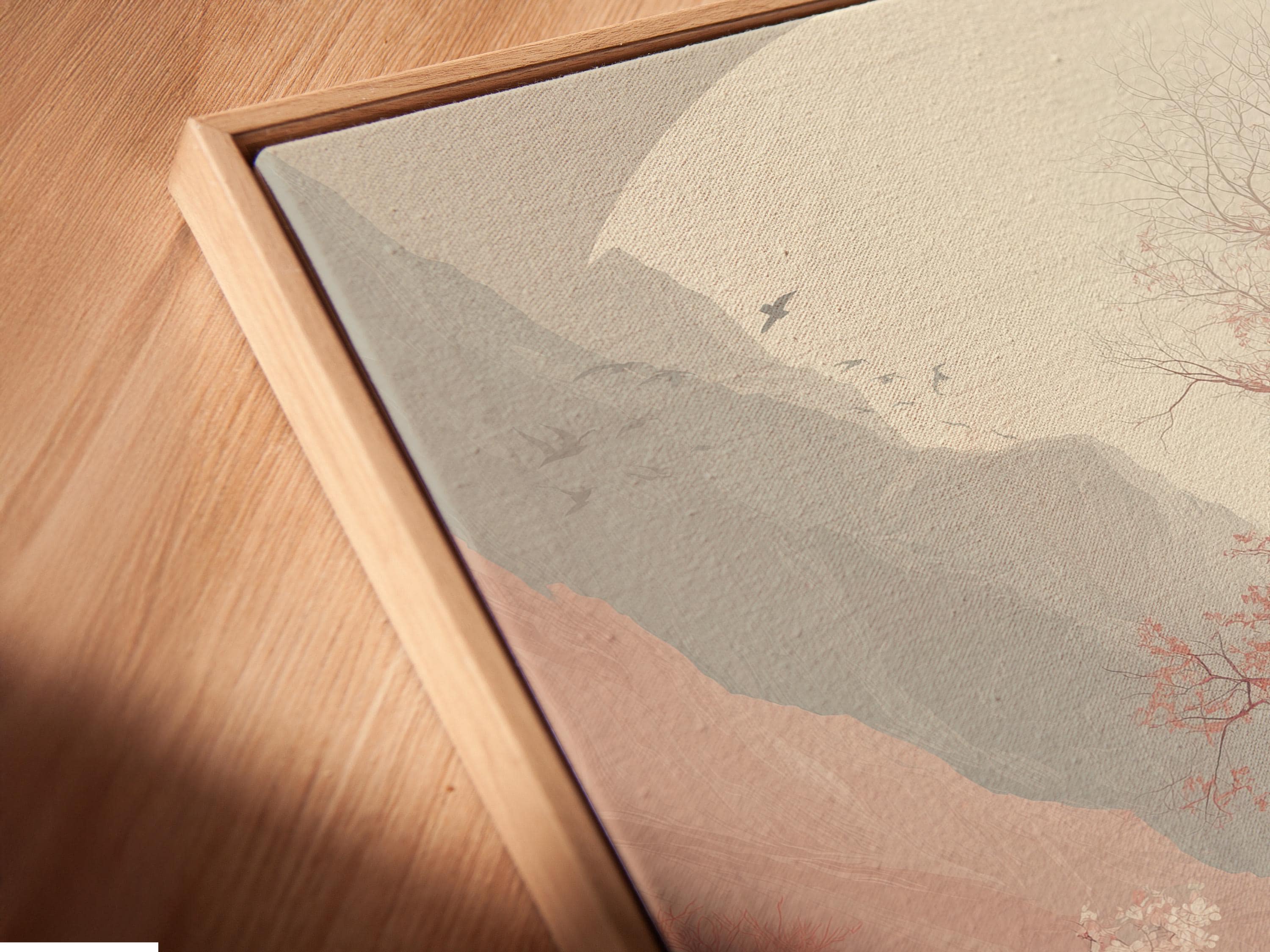 Framed moonlit landscape artwork with a blossom tree, misty mountains and reflective water detail view