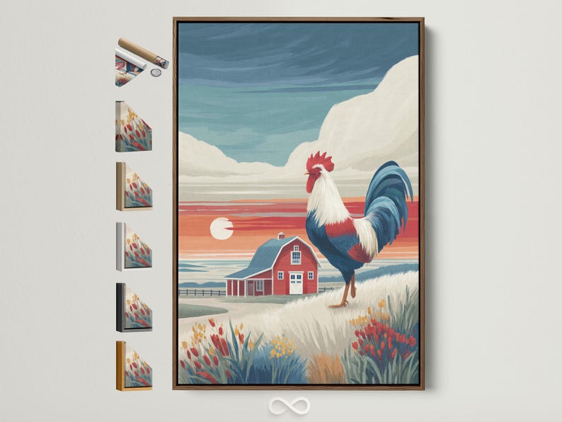Illustrated rooster standing beside a red barn in a countryside landscape with a bright sun