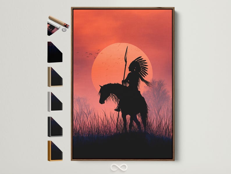 Black silhouette of a rider on horseback with an upright spear in front of a glowing sunset sun and grasses