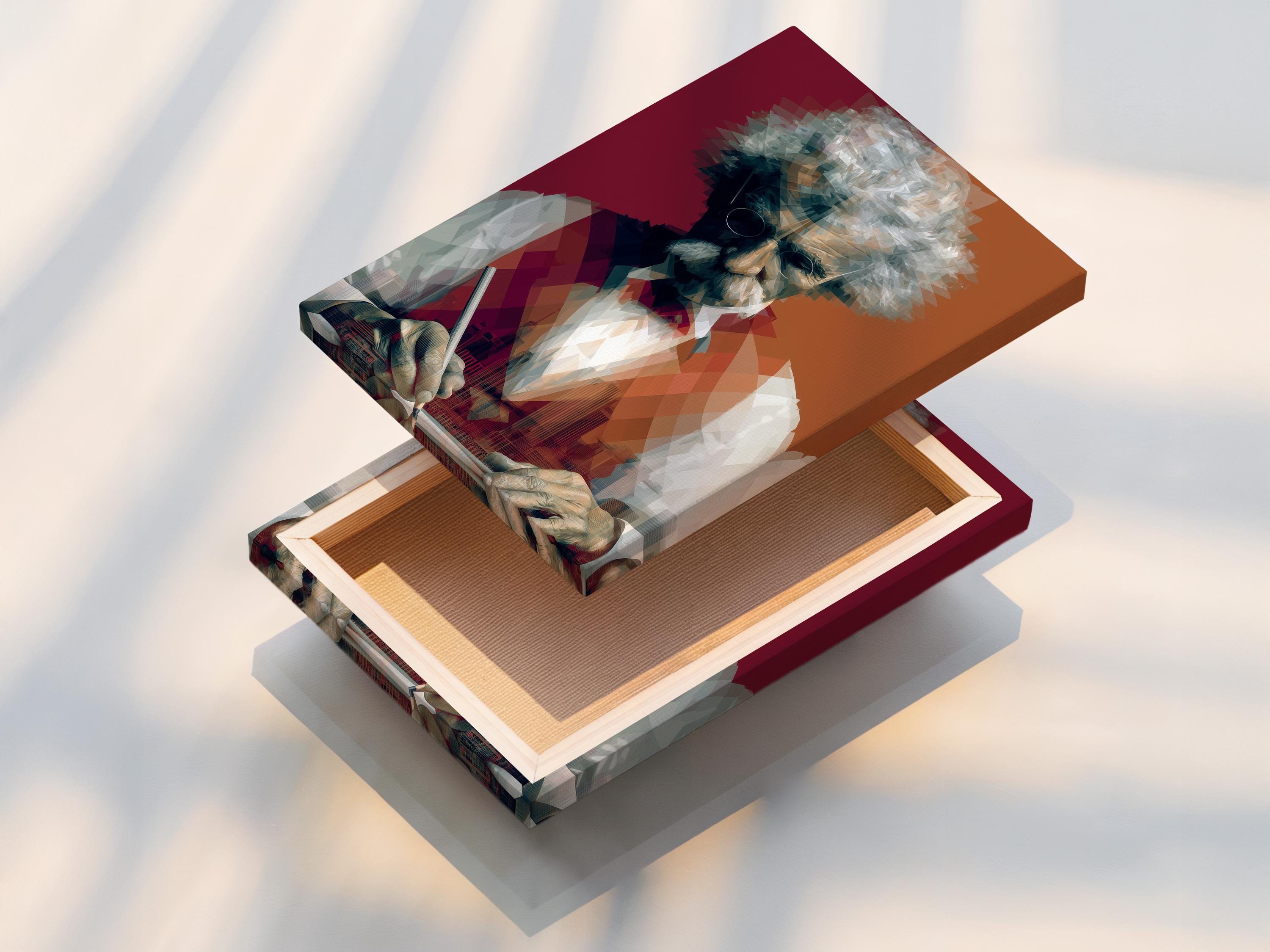 Geometric portrait of a writer in a hat and glasses holding a pen over a desk detail view