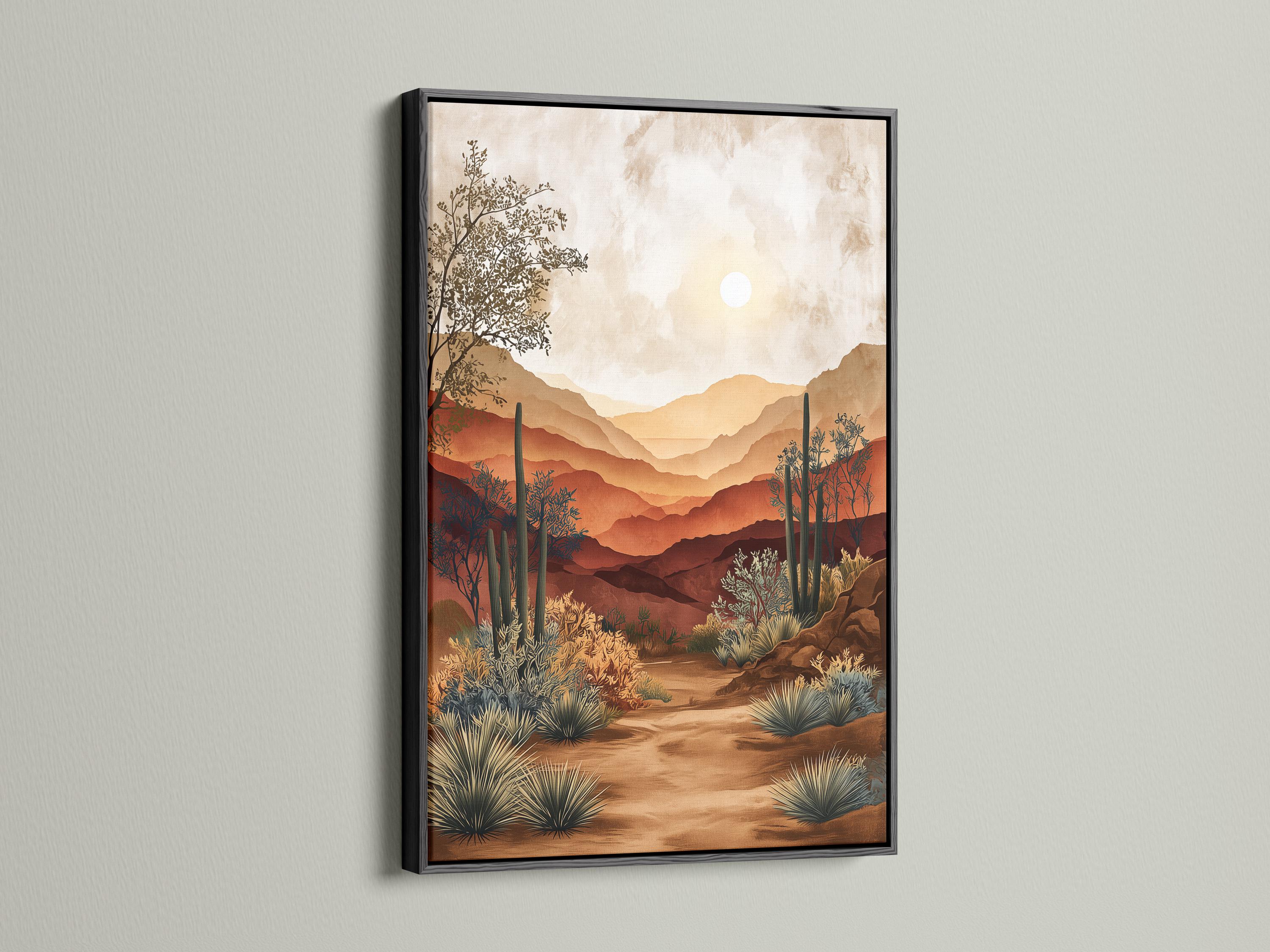 Warm desert landscape artwork with layered mountains, pale sun, and cactus-like plants detail view
