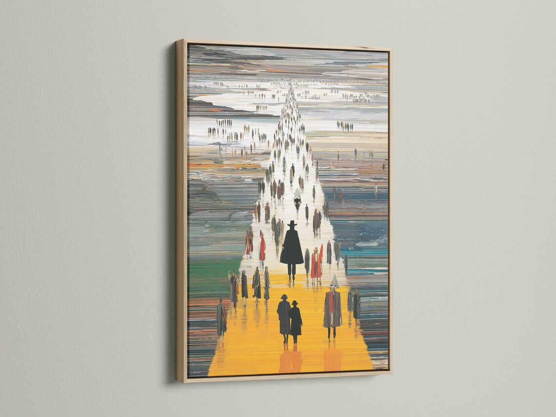 Stylised city street scene with bright yellow walkway and dark silhouette pedestrians detail view