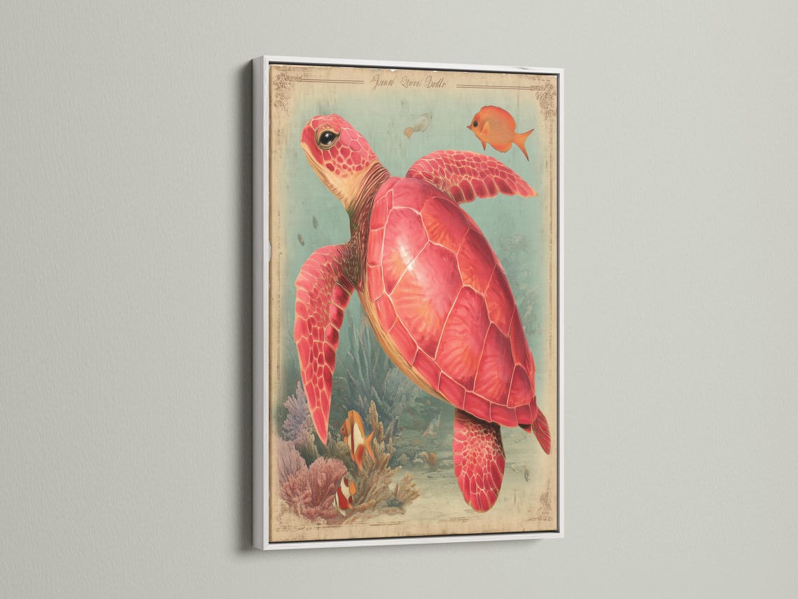Red sea turtle swimming in a vintage coral reef scene with orange fish and teal ocean water detail view