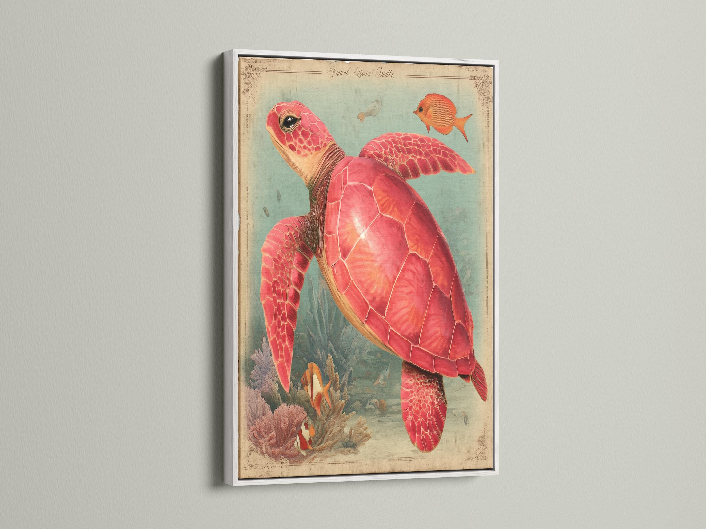 Red sea turtle swimming in a vintage coral reef scene with orange fish and teal ocean water detail view