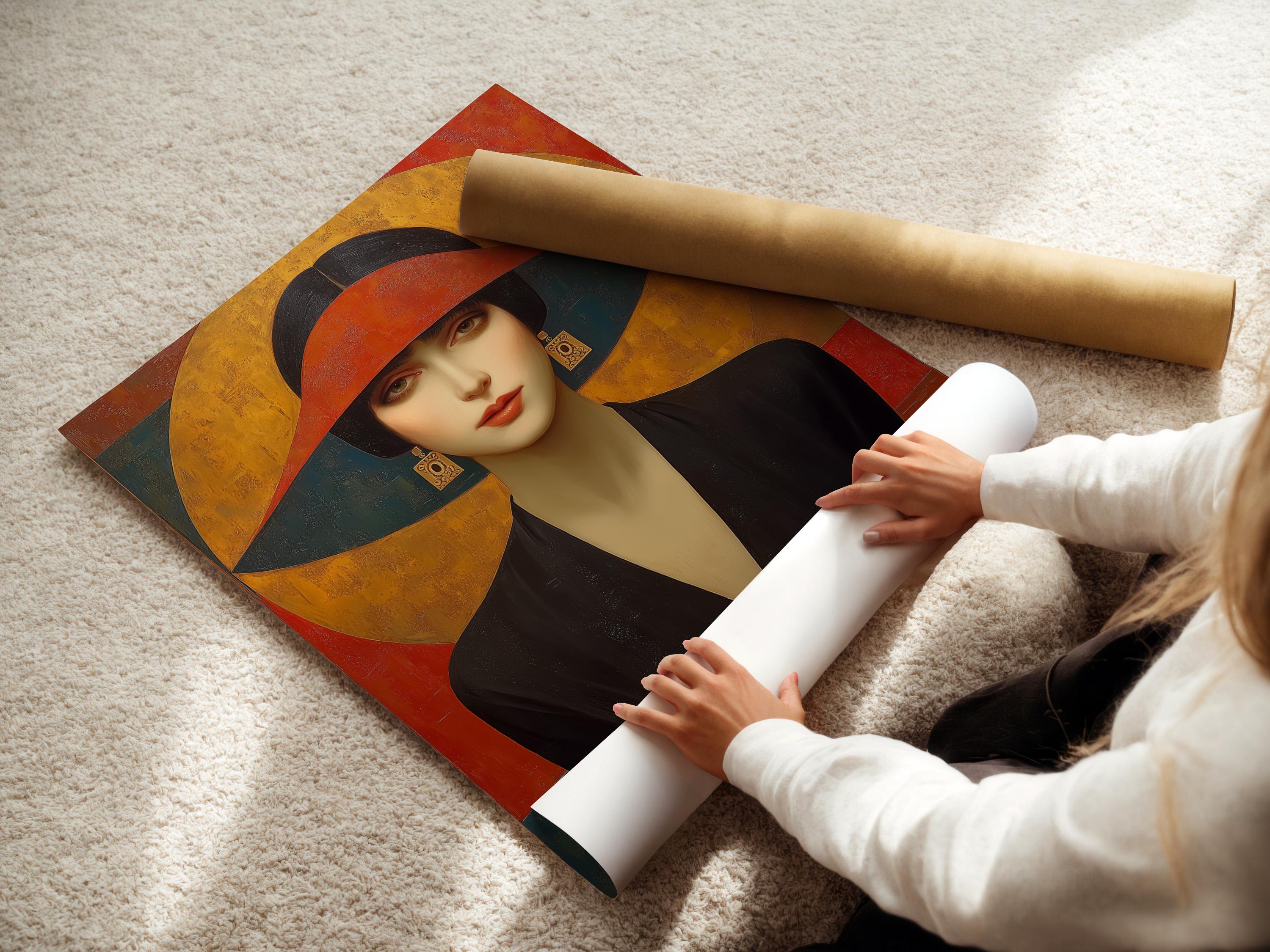 Stylised woman portrait in a dark hat with Art Deco geometric shapes in gold, red and black detail view