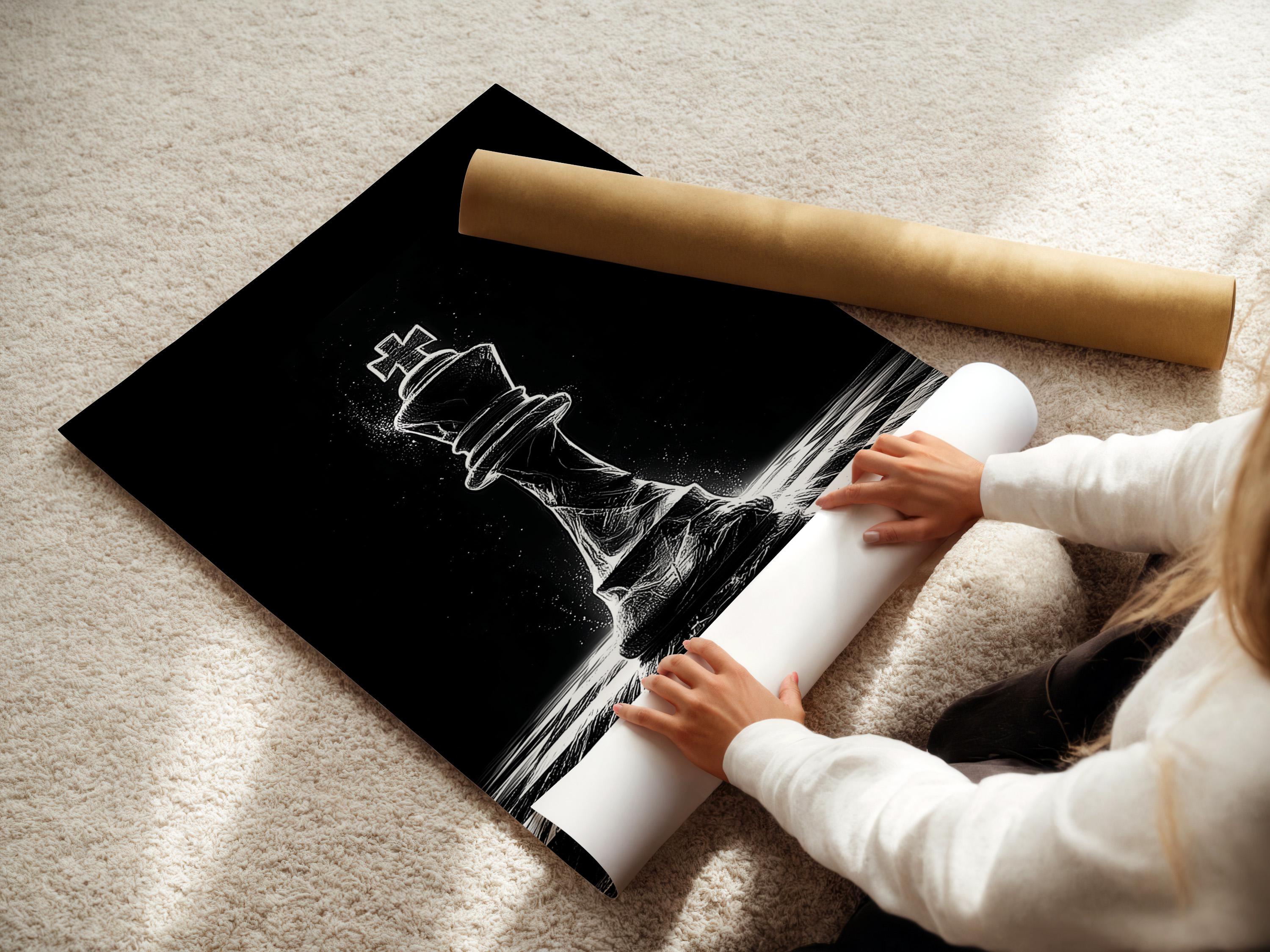 Black and white chess king illustration with a speckled background and perspective chessboard floor detail view