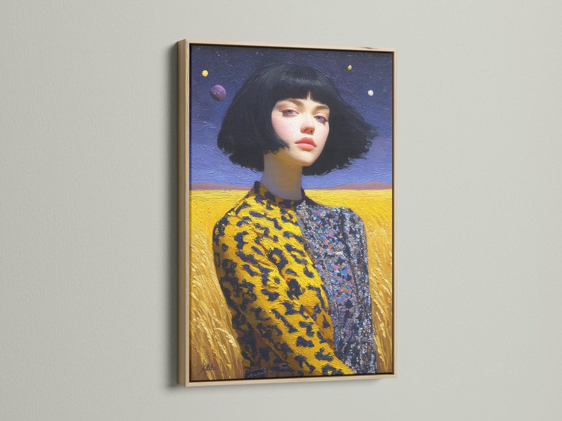 Stylised woman portrait with bob haircut against starry blue sky and golden landscape detail view