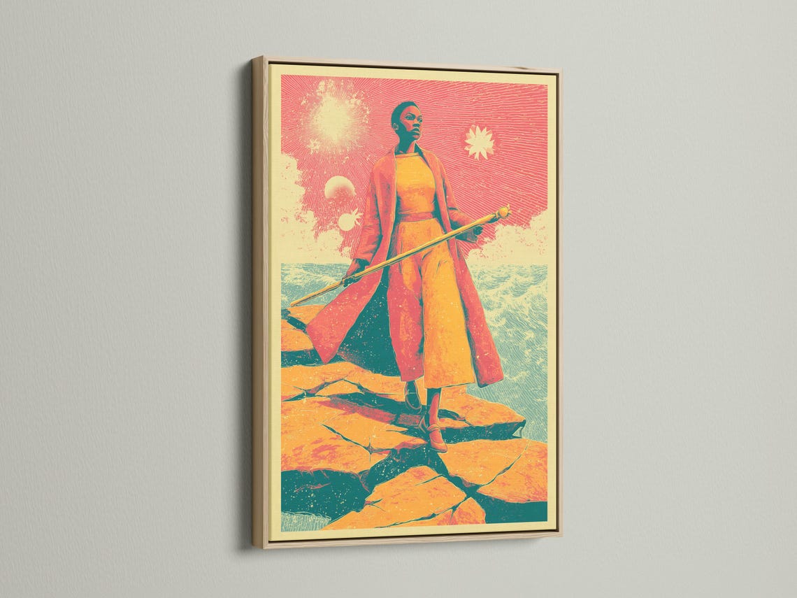 Retro sci-fi woman wall art displayed in an interior mockup