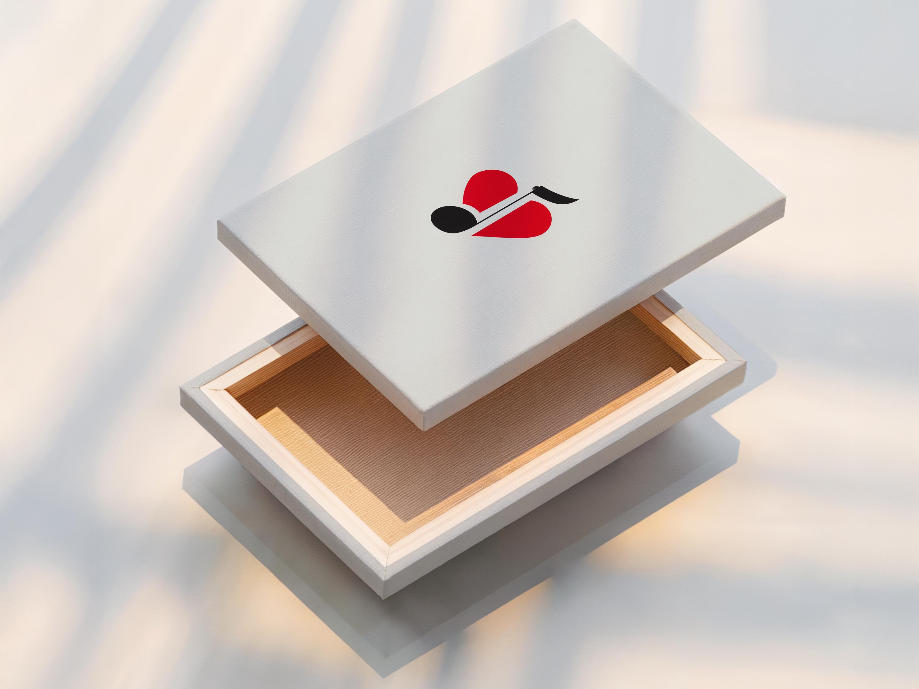 Wall mockup of minimalist red heart and black music note artwork