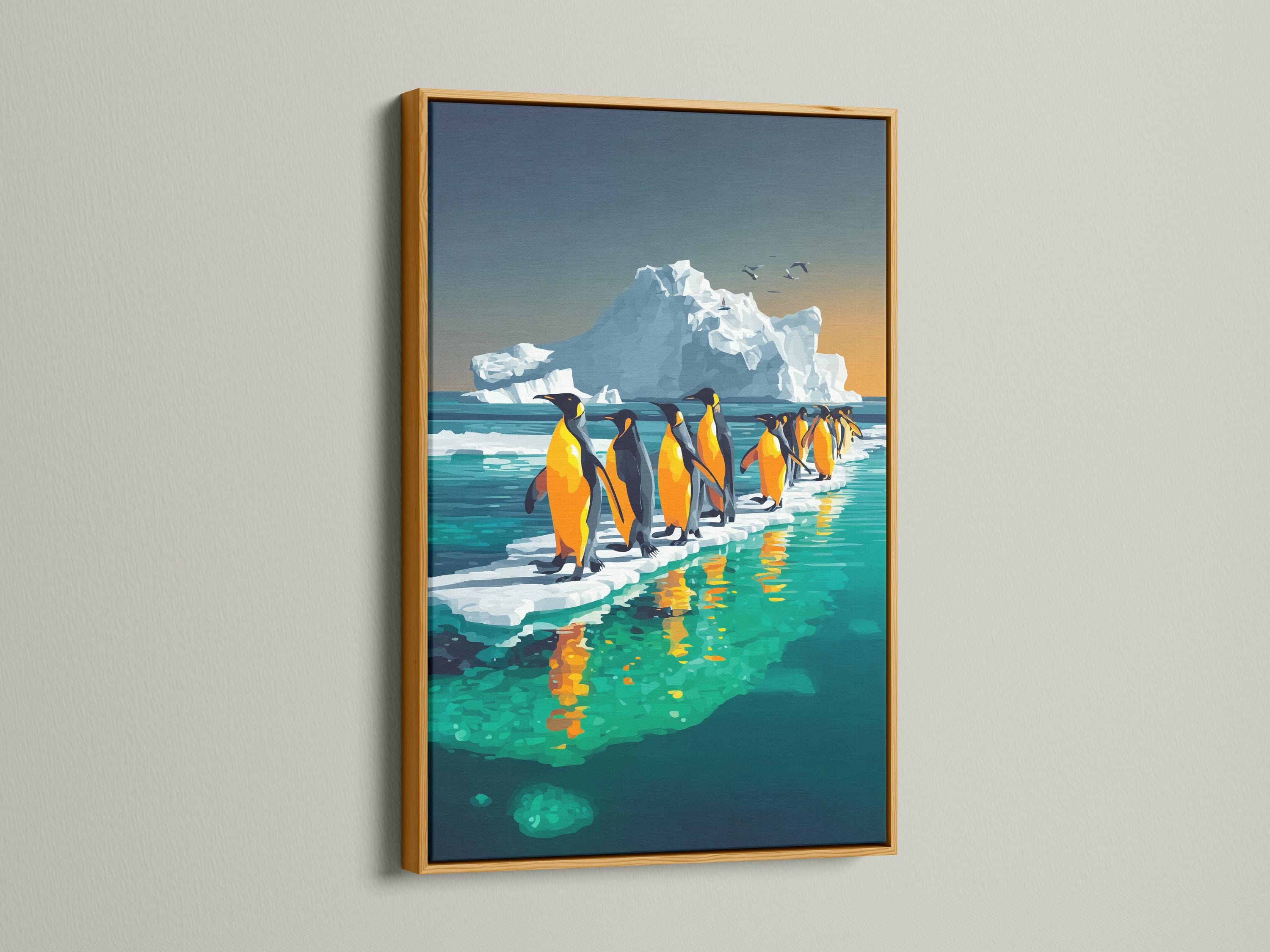 A person holding a camera stands near a framed penguin artwork in a light room