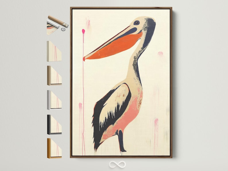 Stylised pelican with warm orange beak on a cream background and pink drips