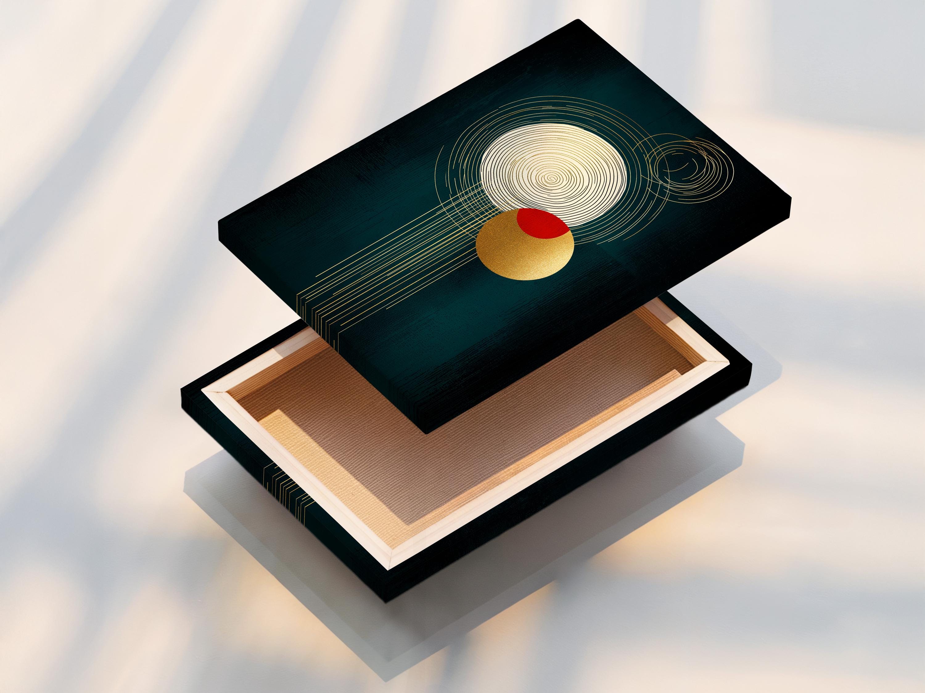 A teal abstract background features intersecting golden line circles, a red circle accent, and a gold disc with draping vertical lines detail view
