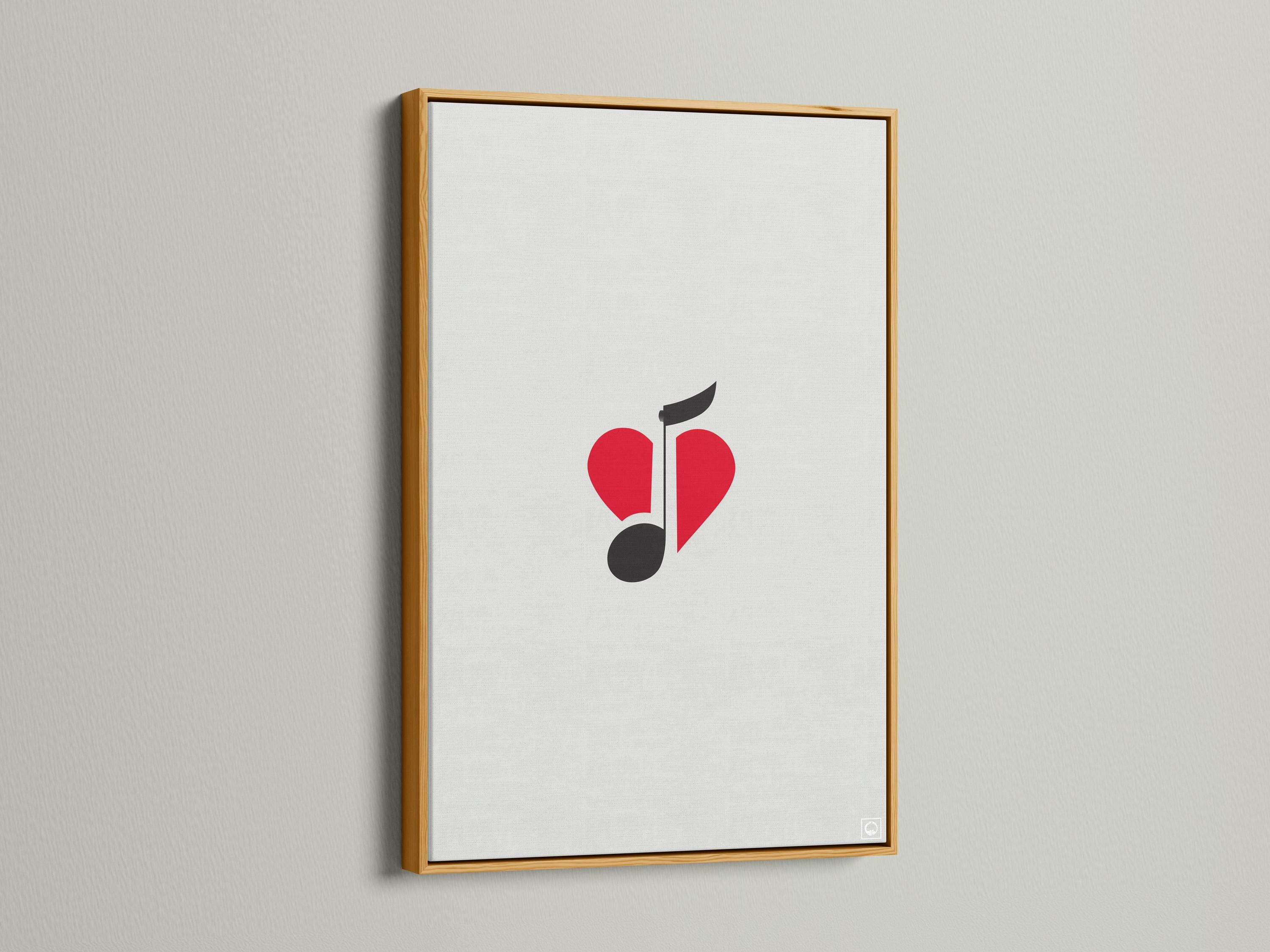 Wall mockup of minimalist red heart and black music note artwork