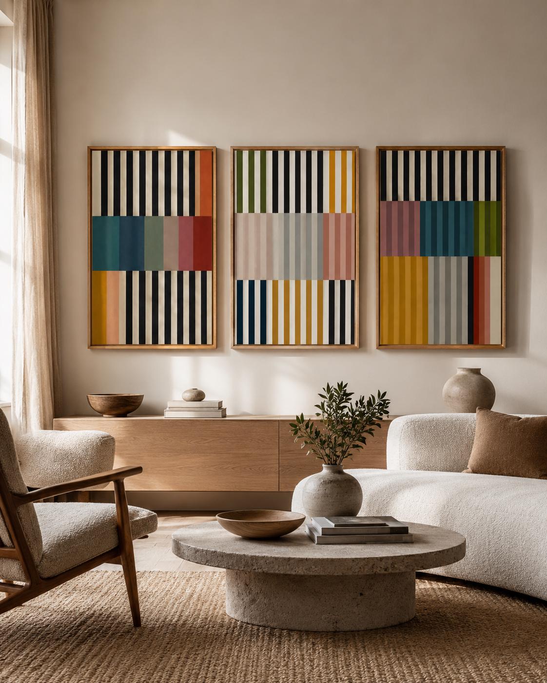Living room scene featuring three framed geometric stripe artworks