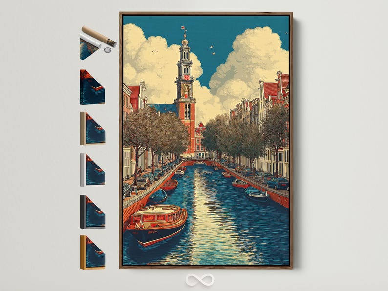 Stylised canal cityscape with boats, red-roofed buildings and a central tower under clouds