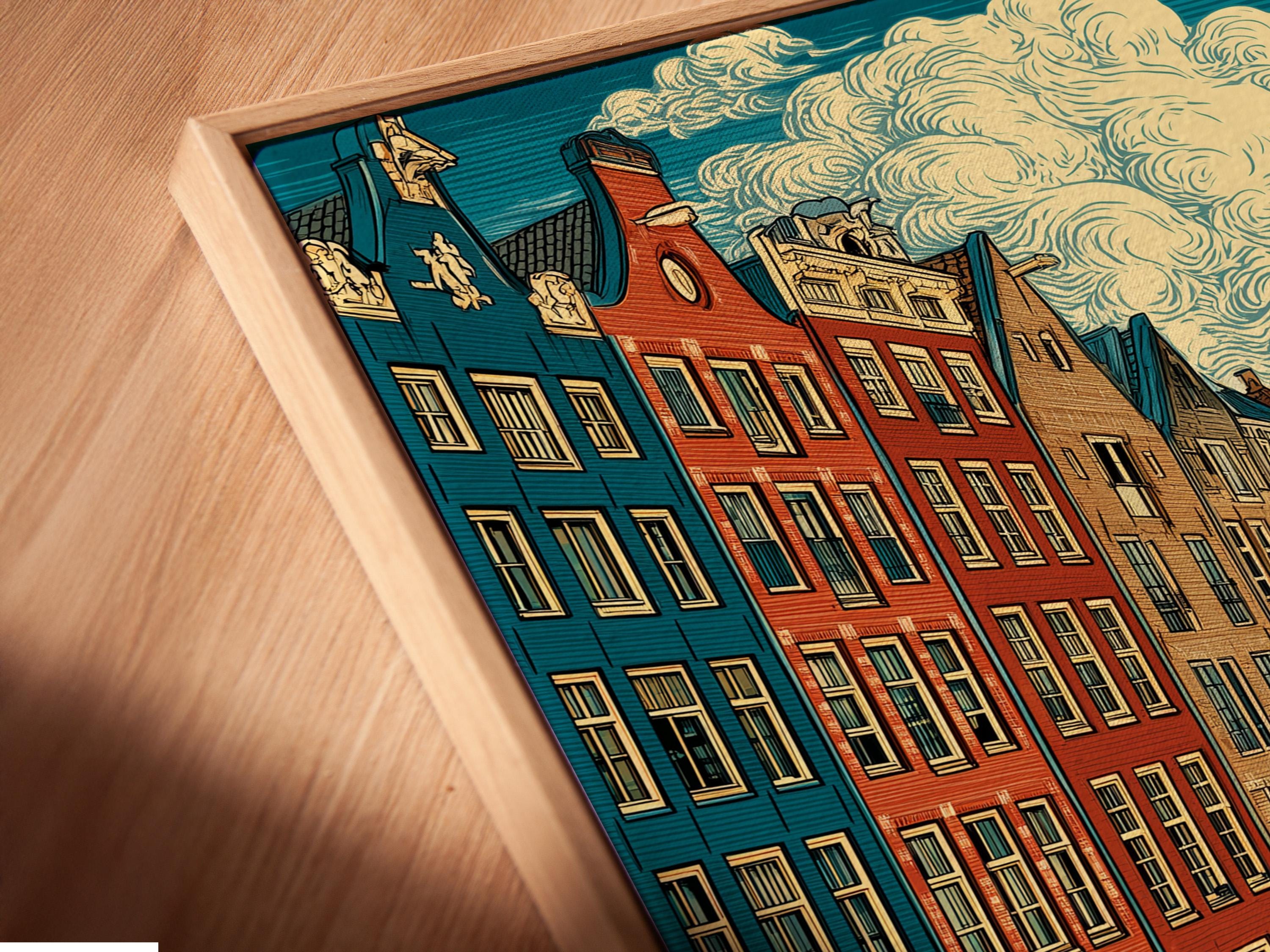 Vintage illustration of an Amsterdam canal cityscape with colourful buildings, boats, and warm sunset reflections detail view