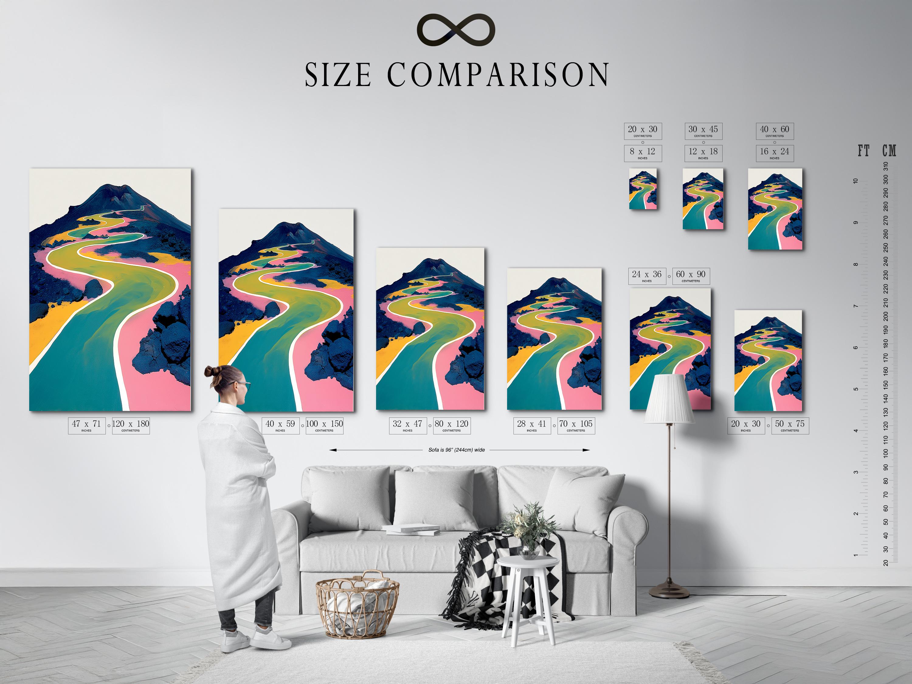 Winding road-like path through a stylised mountain landscape with teal, yellow and pink colours detail view