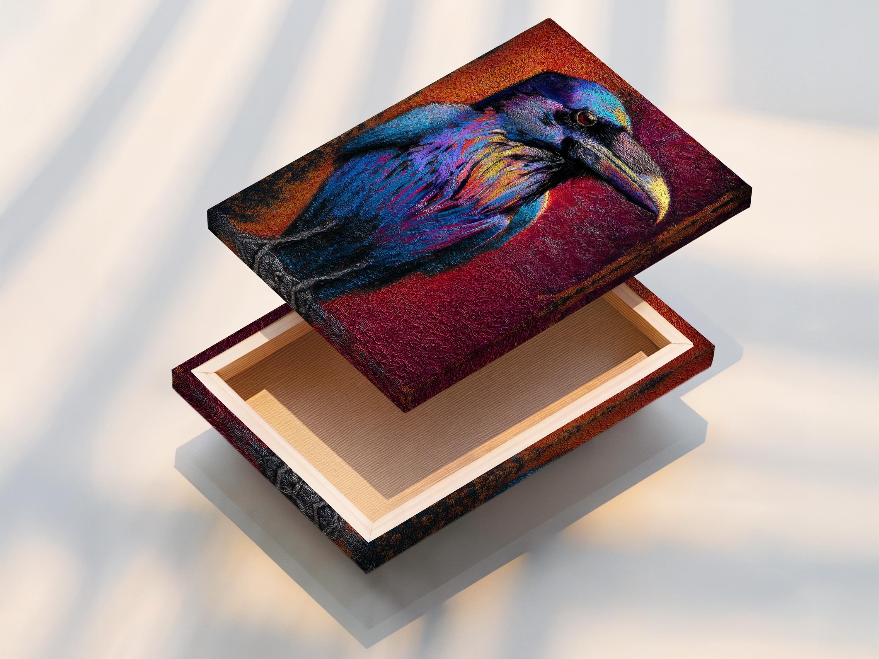 A raven portrait artwork displayed in a barbershop setting
