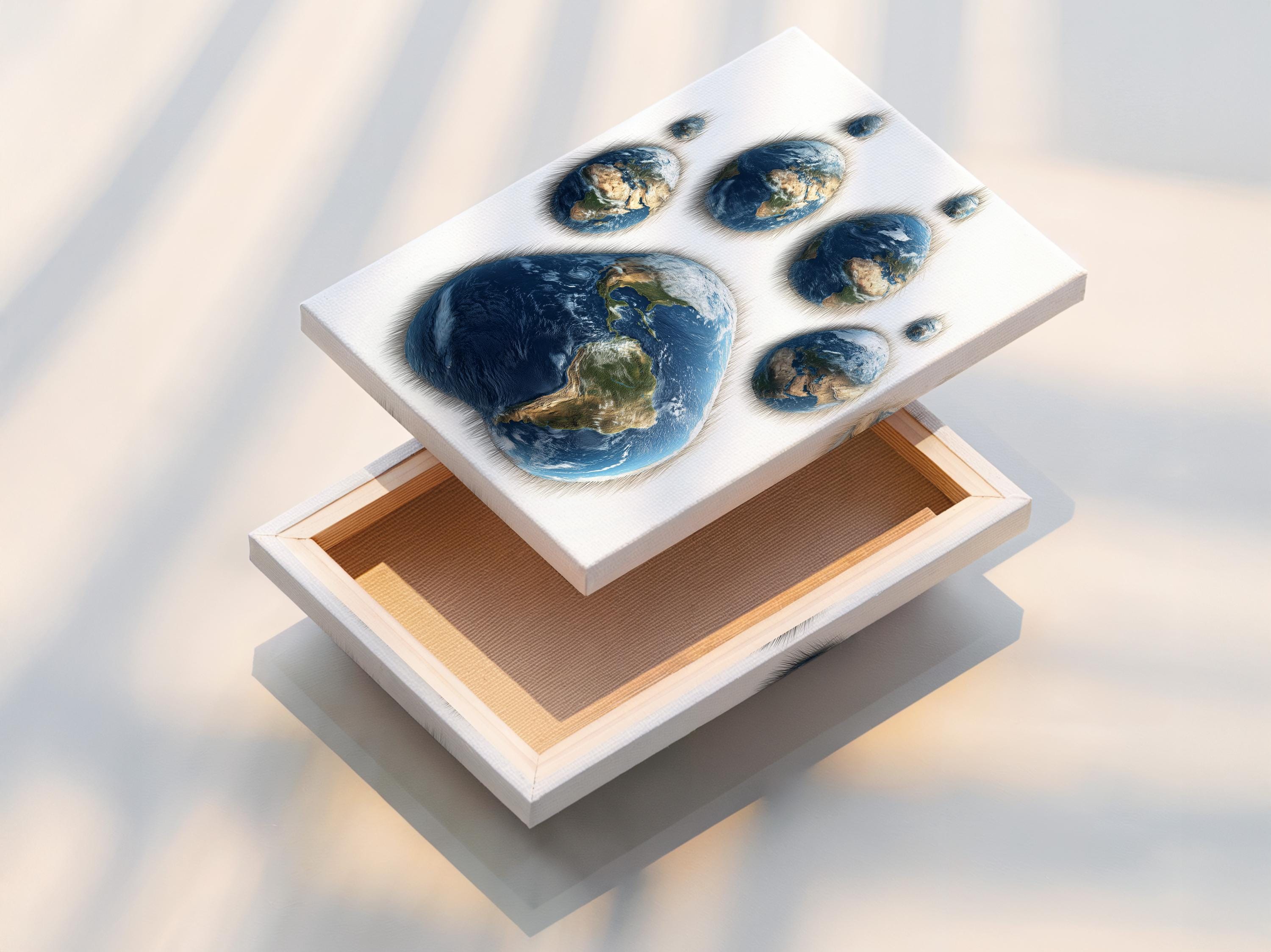 Globe Earth paw print with deep blue oceans and green and beige landmasses on a light background detail view