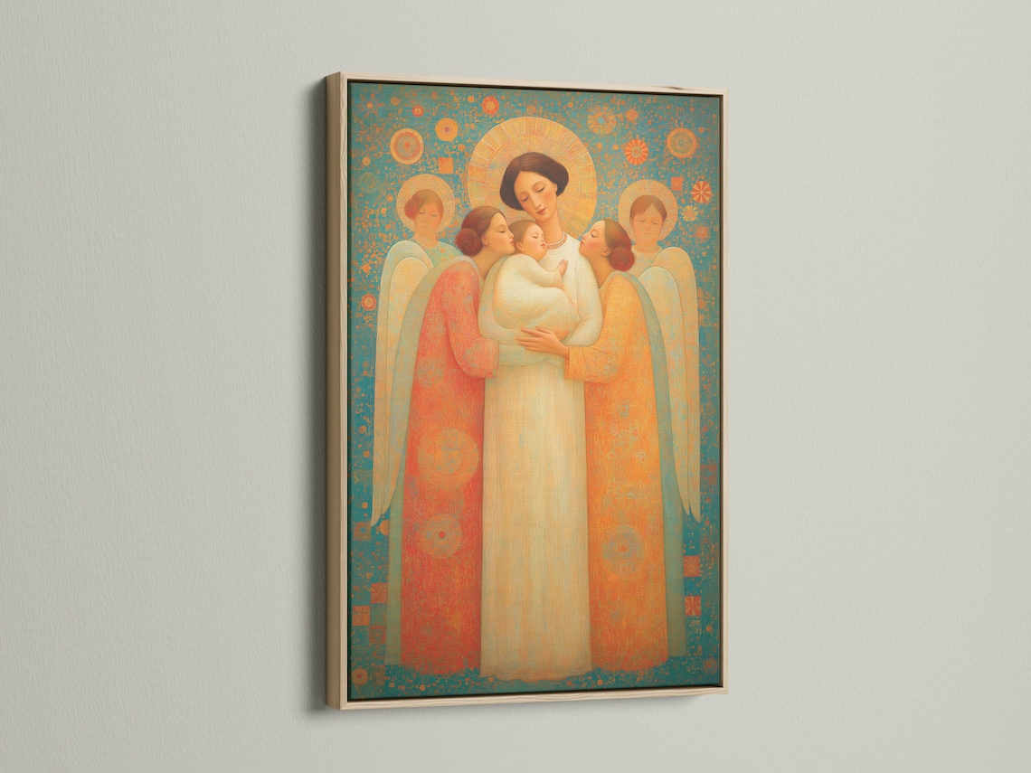 Angel family scene with haloed figures in teal, gold and cream, cradling a baby detail view