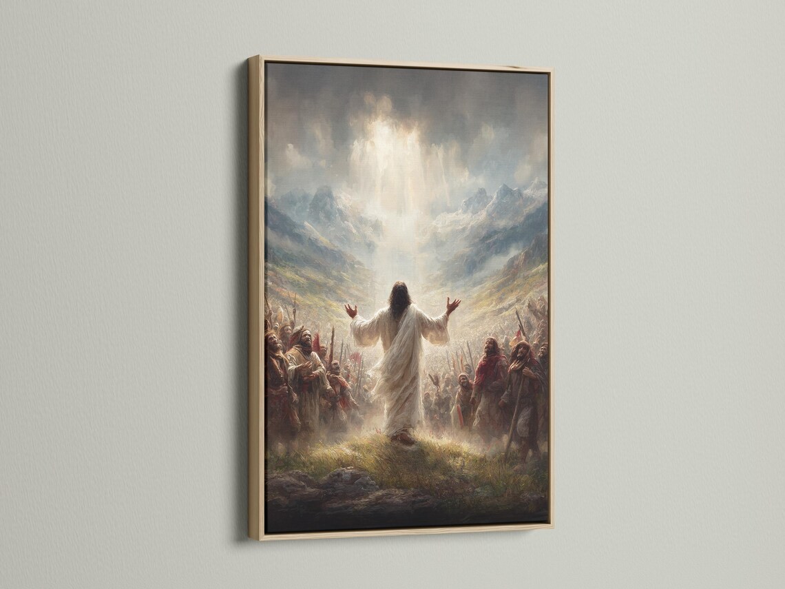 A robed figure with raised arms stands in a crowd beneath glowing light in a misty mountain landscape detail view