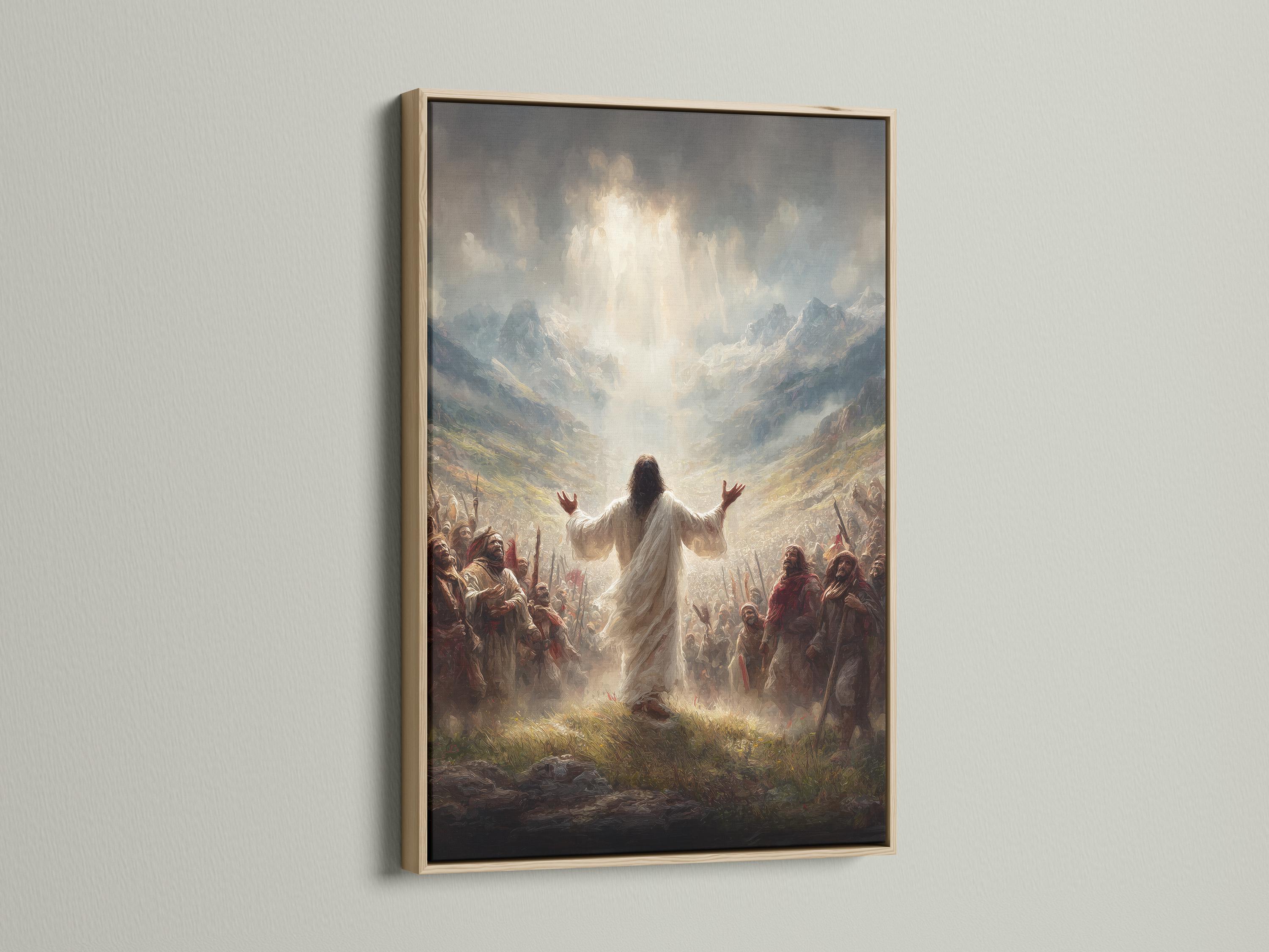 A robed figure with raised arms stands in a crowd beneath glowing light in a misty mountain landscape detail view
