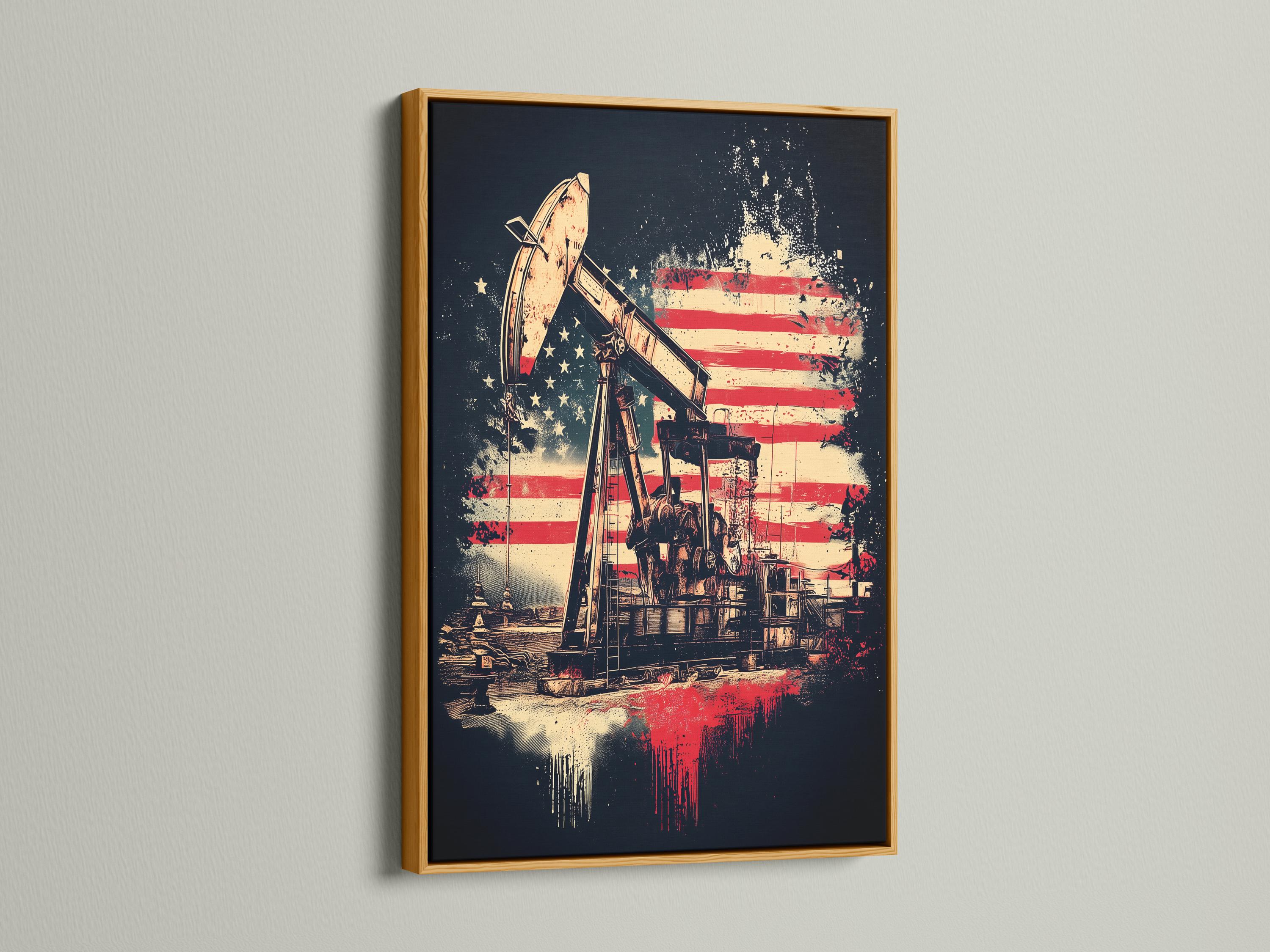 Oil rig with an American flag backdrop in red, white and blue, shown in a distressed industrial style detail view