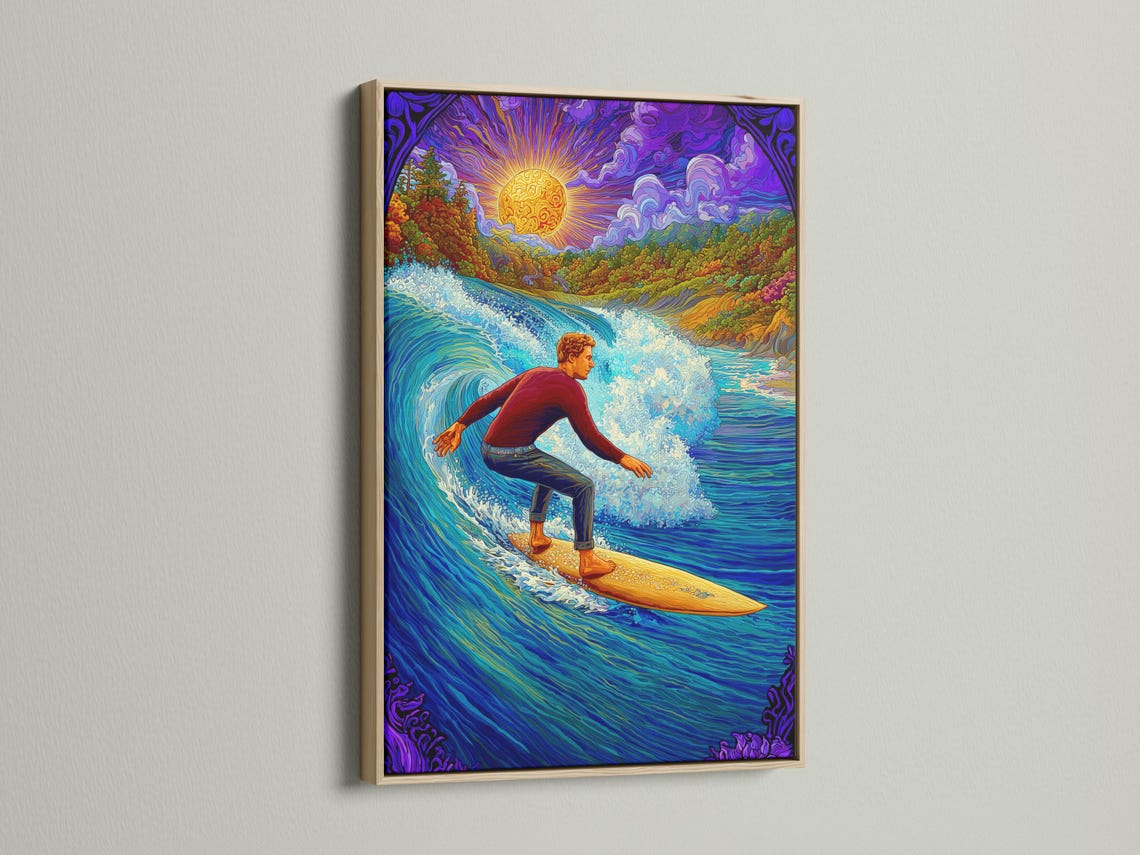 Psychedelic surfer scene with a glowing sun and vibrant ocean waves, in blue, purple and gold tones detail view