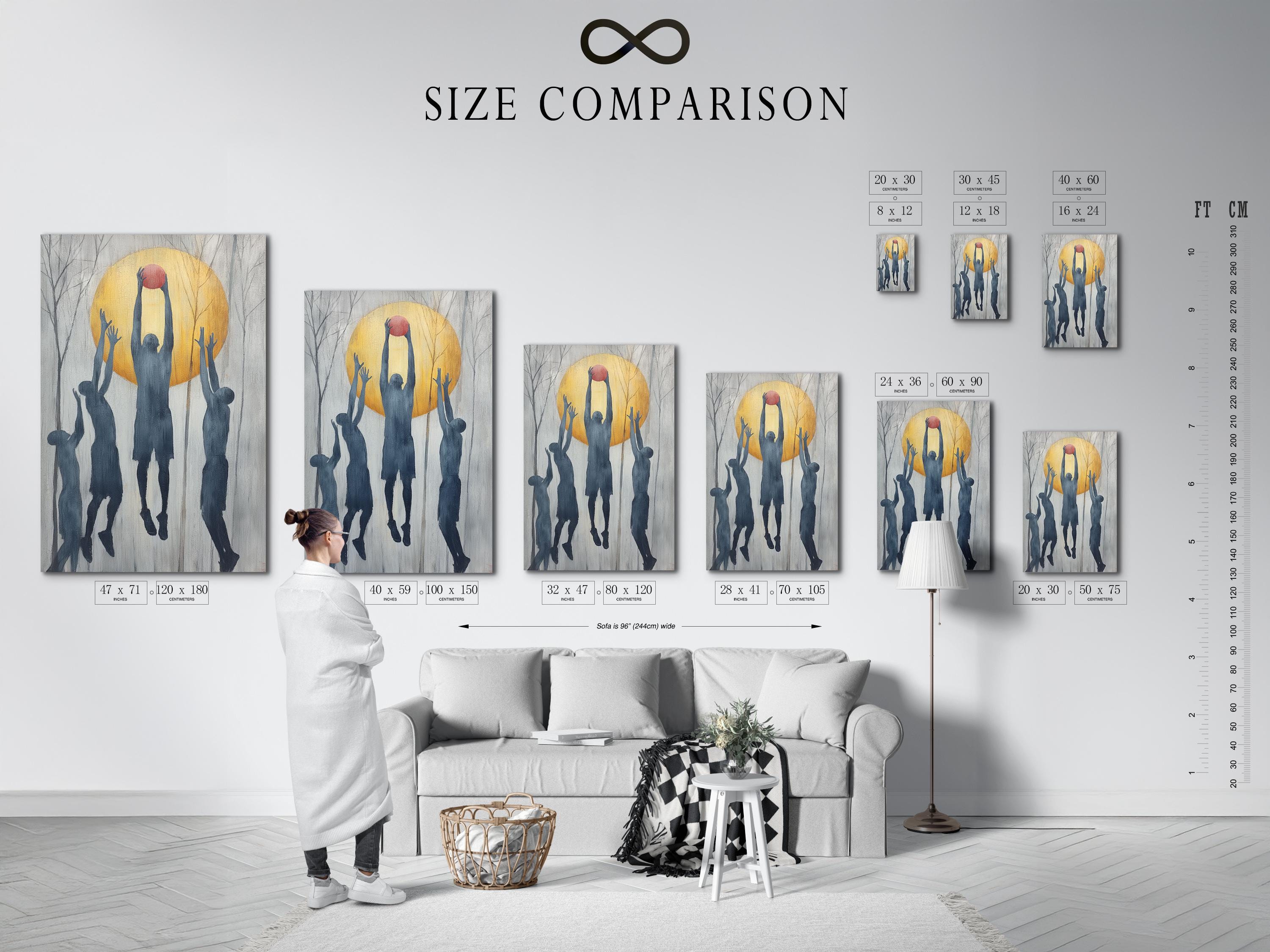 Basketball hoop silhouette with blue player figures reaching up inside a golden circle detail view