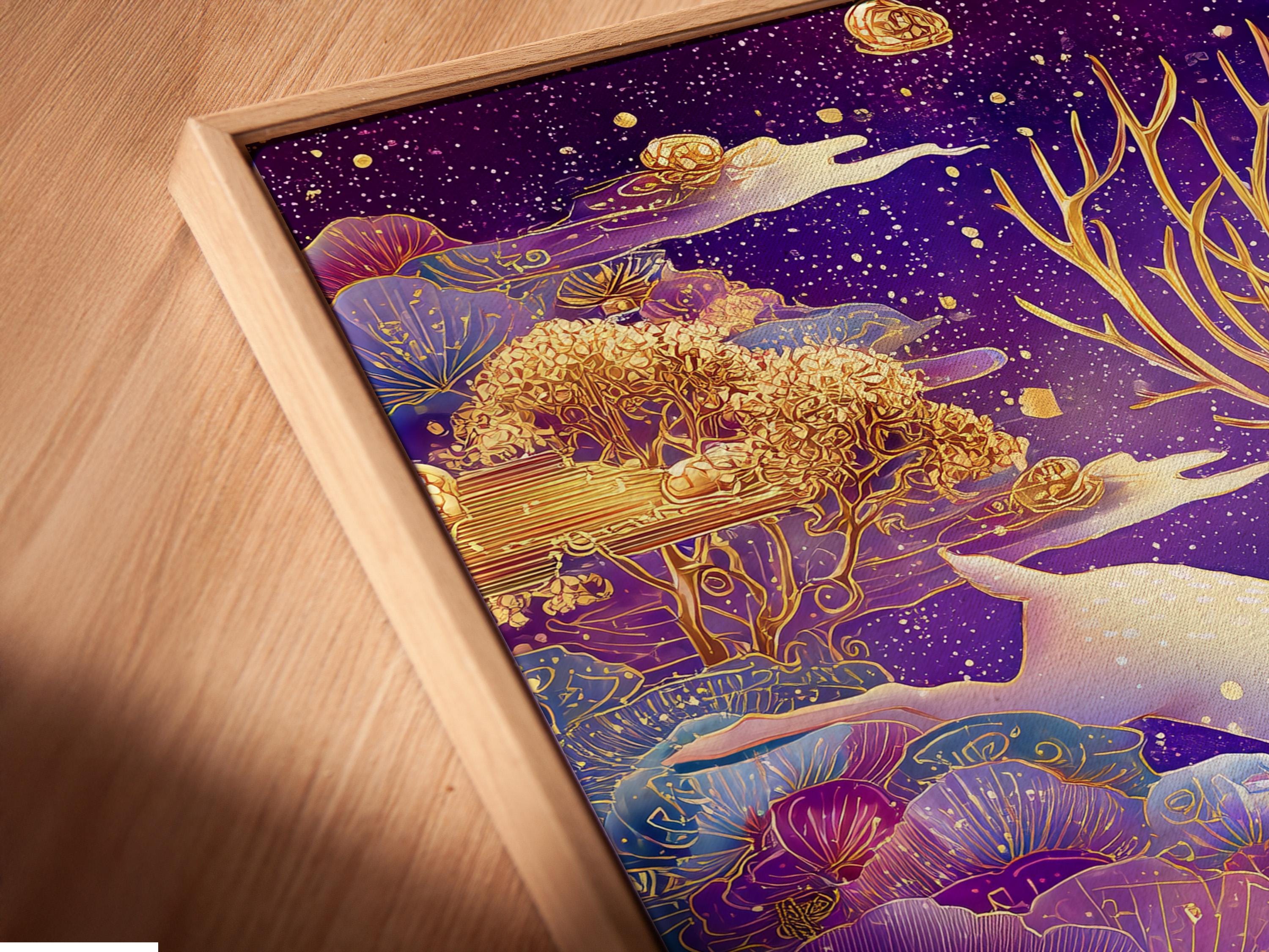 Stylised deer with gold antlers among purple lotus flowers under a starry night sky detail view