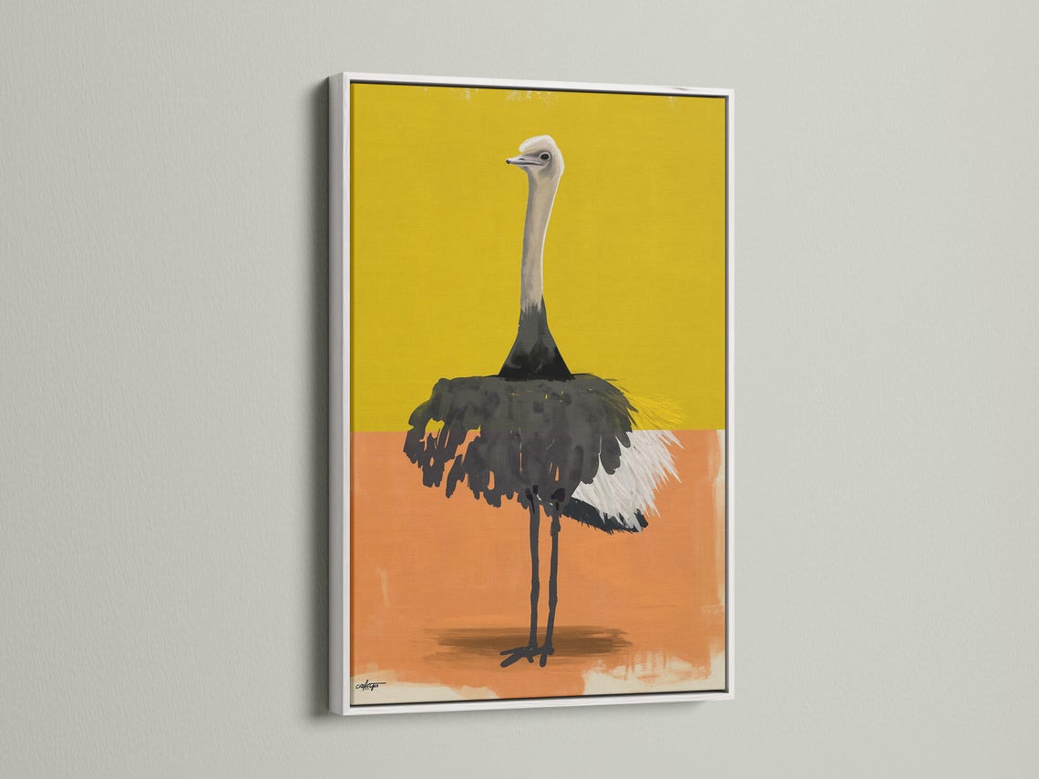 Stylised ostrich portrait in yellow and orange colour blocks with textured dark feathers detail view