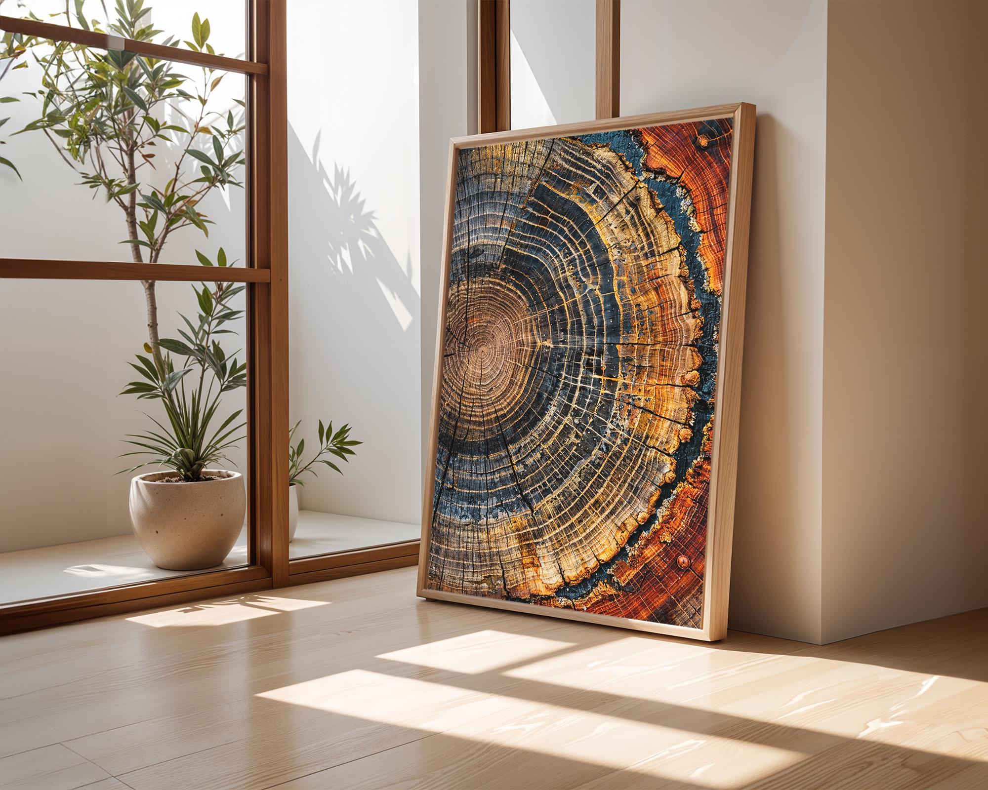 Bedroom mockup showing two framed tree ring artworks above a bed