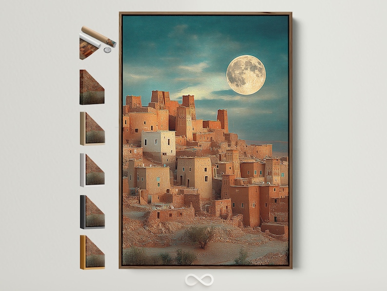 Moonlit desert village with warm buildings and a glowing full moon in a textured teal sky