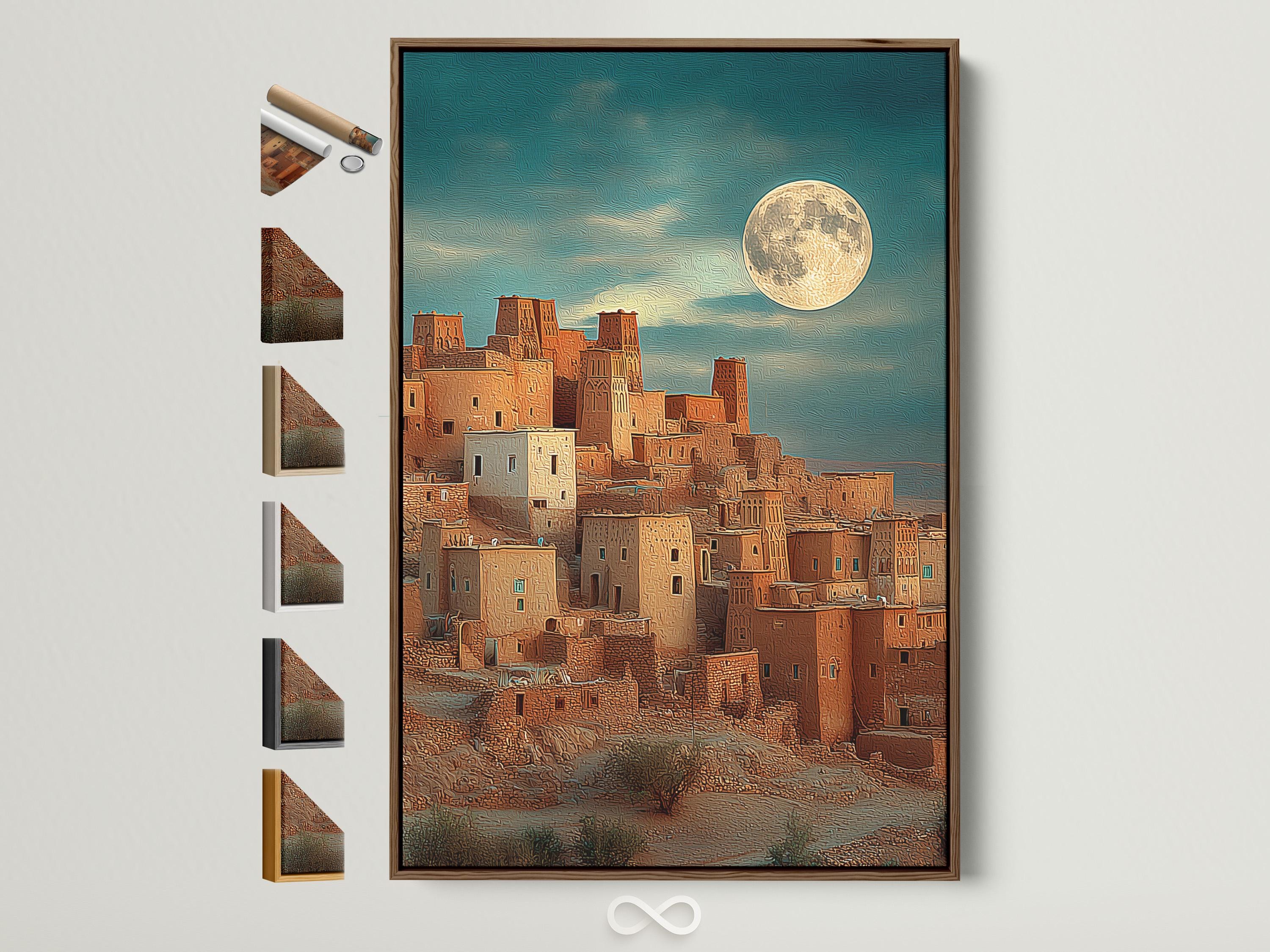 Moonlit desert village with warm buildings and a glowing full moon in a textured teal sky