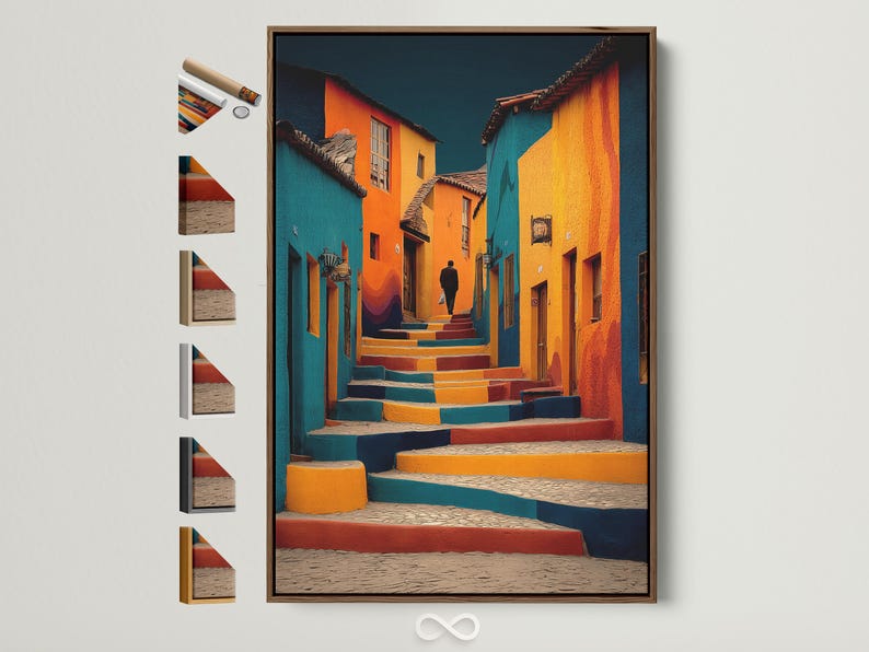 Colourful street steps artwork with teal, orange and deep blue buildings and a lone silhouette